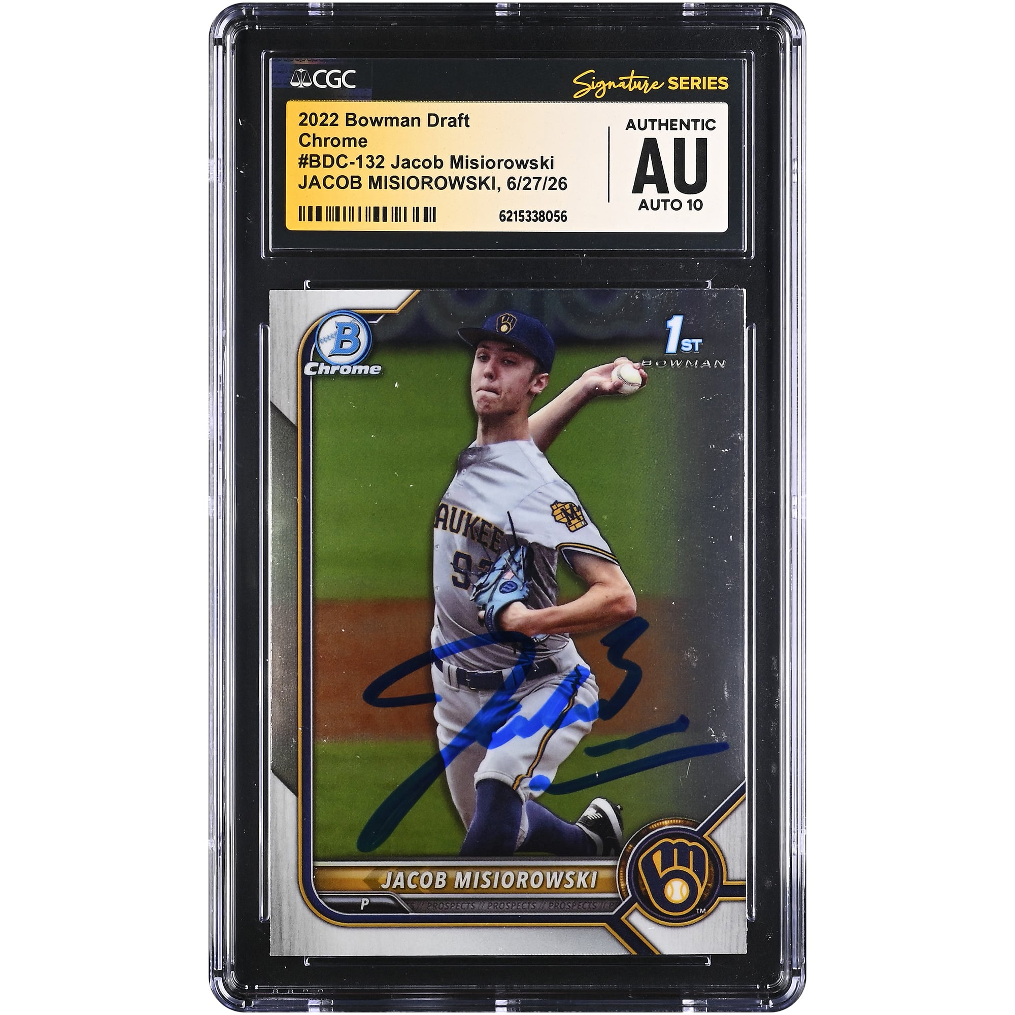 Jacob Misiorowski Milwaukee Brewers Autographed 2022 Bowman Draft Chrome #BDC-132 CGC Fanatics Witnessed Authenticated AUTO 10 Card