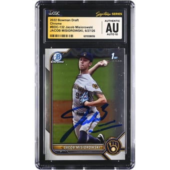 Jacob Misiorowski Milwaukee Brewers Autographed 2022 Bowman Draft Chrome #BDC-132 CGC Fanatics Witnessed Authenticated AUTO 10 Card