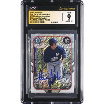 Aaron Judge New York Yankees Autographed 2015 Bowman The Farm's Finest Mini Shimmer Refractor #FFM-AJ CGC Fanatics Witnessed Authenticated 9/10 Card