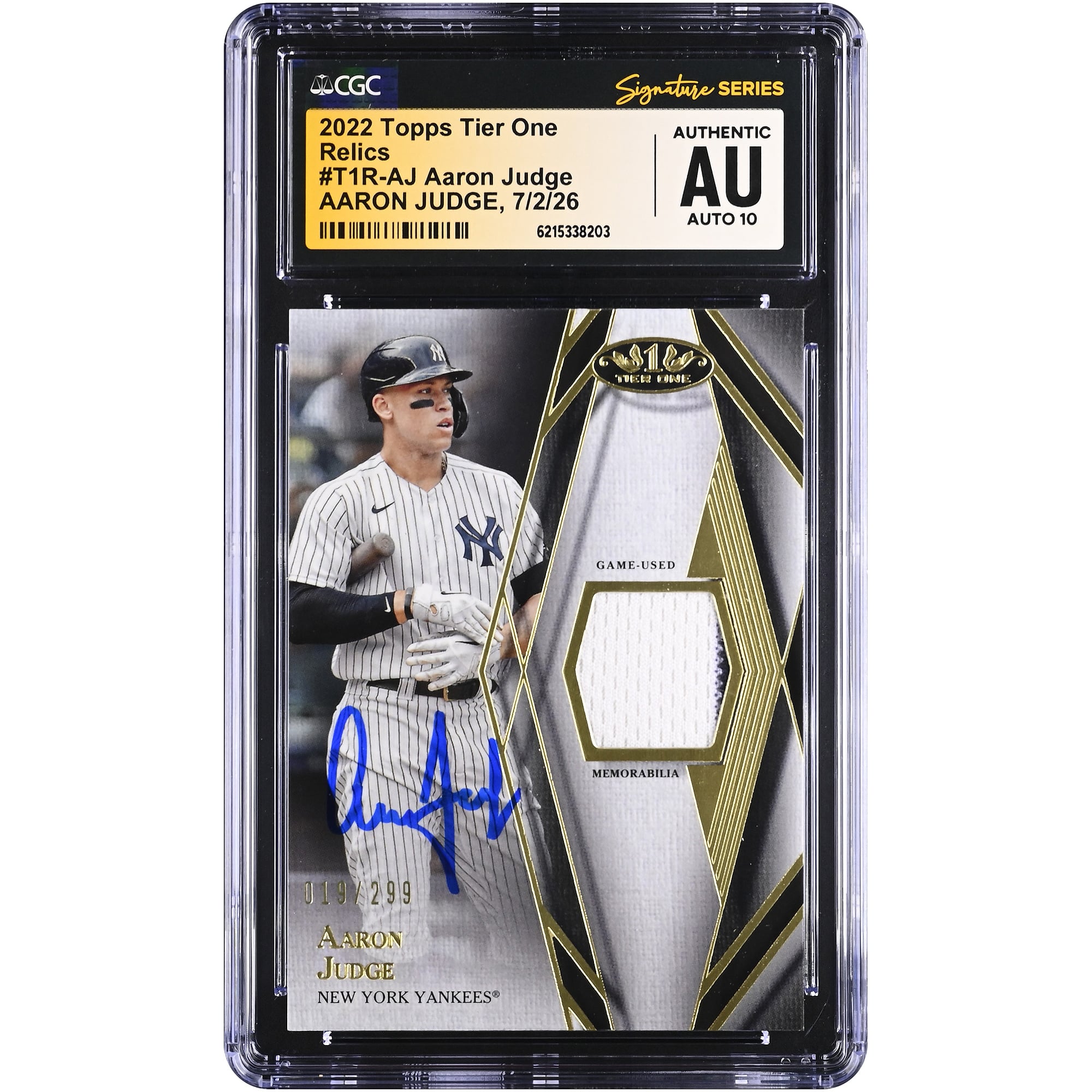 Aaron Judge New York Yankees Autographed 2022 Topps Tier One Relics #T1R-AJ #/299 CGC Fanatics Witnessed Authenticated AUTO 10 Card