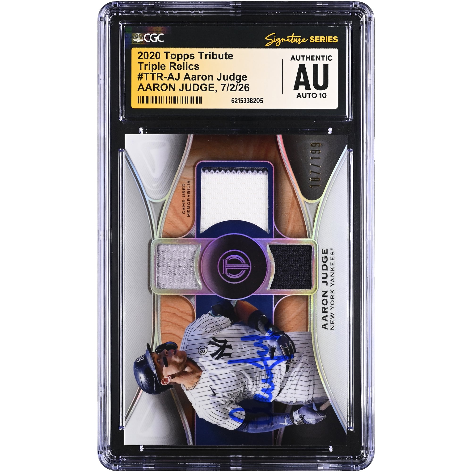Aaron Judge New York Yankees Autographed 2020 Topps Tribute Triple Relics #TTR-AJ #/199 CGC Fanatics Witnessed Authenticated AUTO 10 Card