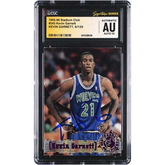 Kevin Garnett Minnesota Timberwolves Autographed 1995-96 Stadium Club #343 CGC Fanatics Witnessed Authenticated AUTO 10 Rookie Card