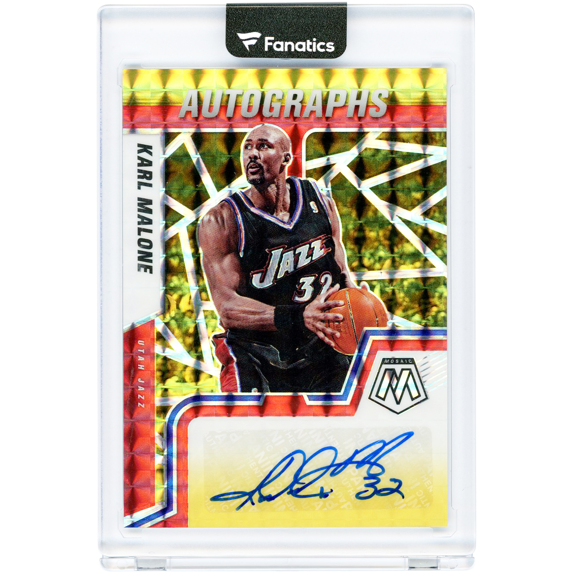 Karl Malone Utah Jazz Autographed 2021-22 Panini Mosaic Red and Yellow Fusion Choice Prizm #AM-KML Card