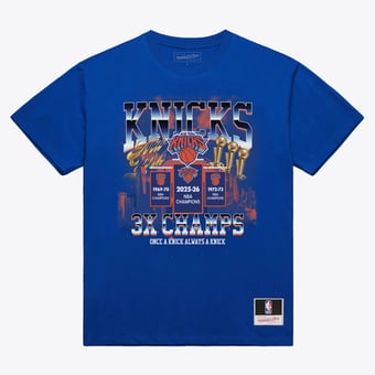 Men's Mitchell & Ness Blue New York Knicks 2026 NBA Finals Champions Banner Raising T-Shirt