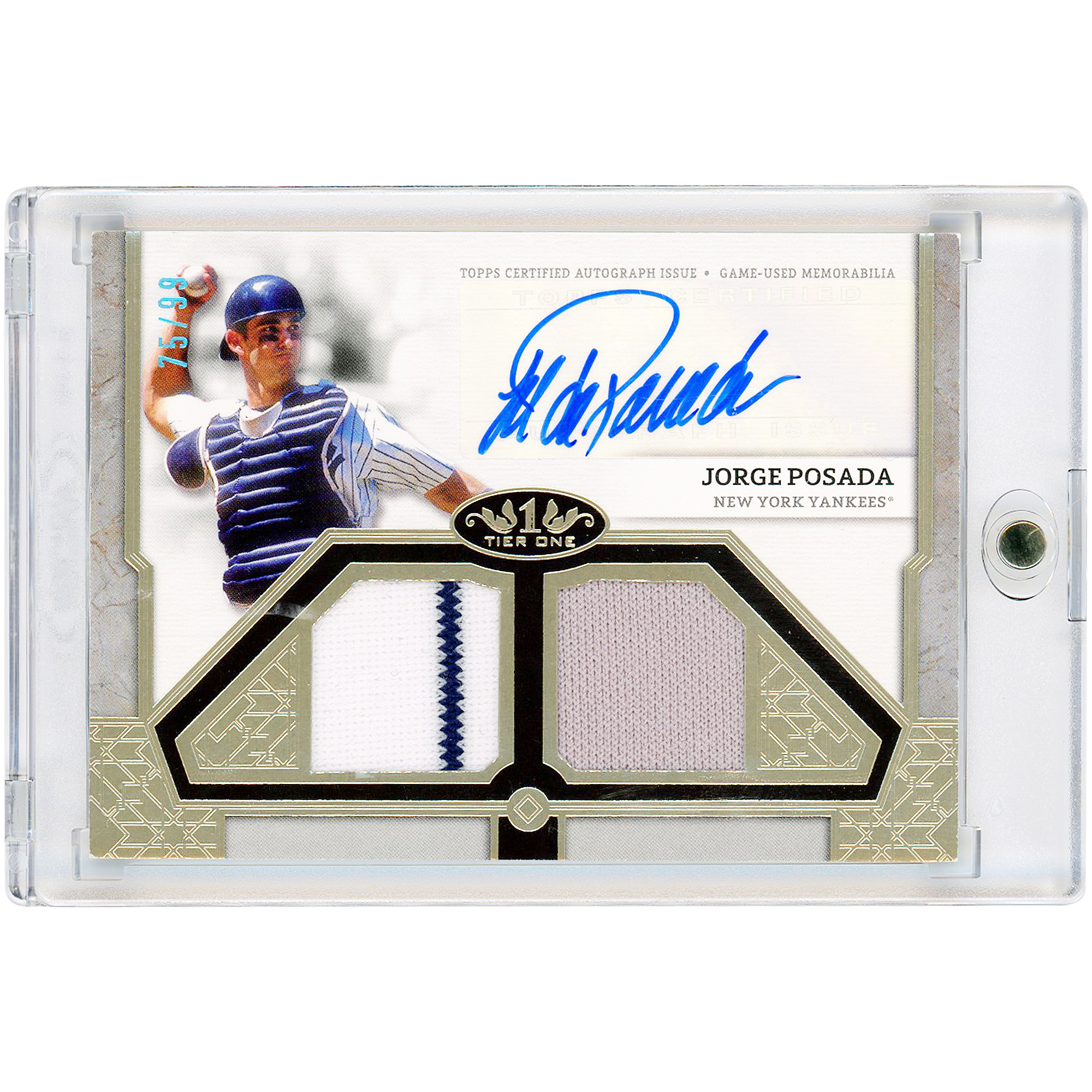 Jorge Posada New York Yankees Autographed 2024 Topps Tier One Dual Game Used Tri-Color Jersey Relics #T1AR-JP #75/99 Card