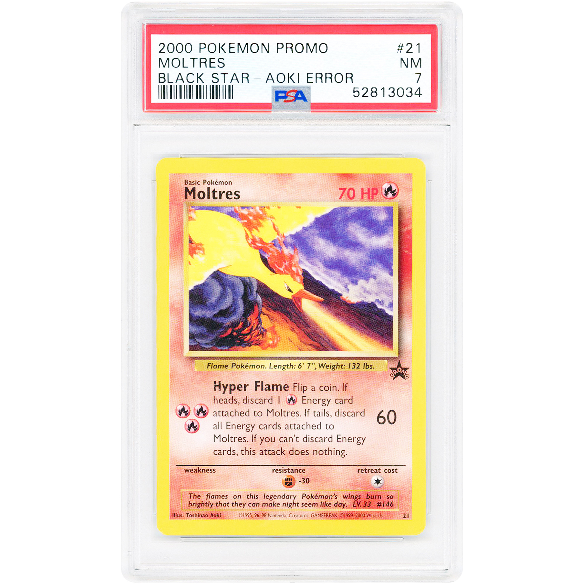 Moltres 2000 Pokemon WoTC Black Star AOKI Error #21 PSA Authenticated 7 Card