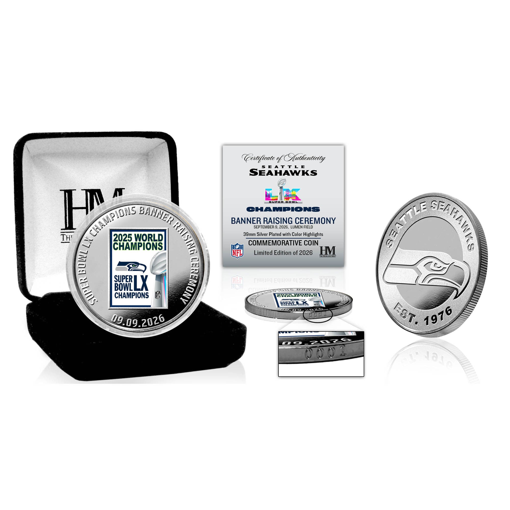 Highland Mint Seattle Seahawks Super Bowl LX Banner Raising Silver Plated Coin