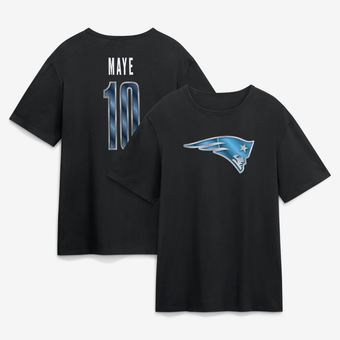 Men's Drake Maye Black New England Patriots Metallic Mascot Name & Number T-Shirt