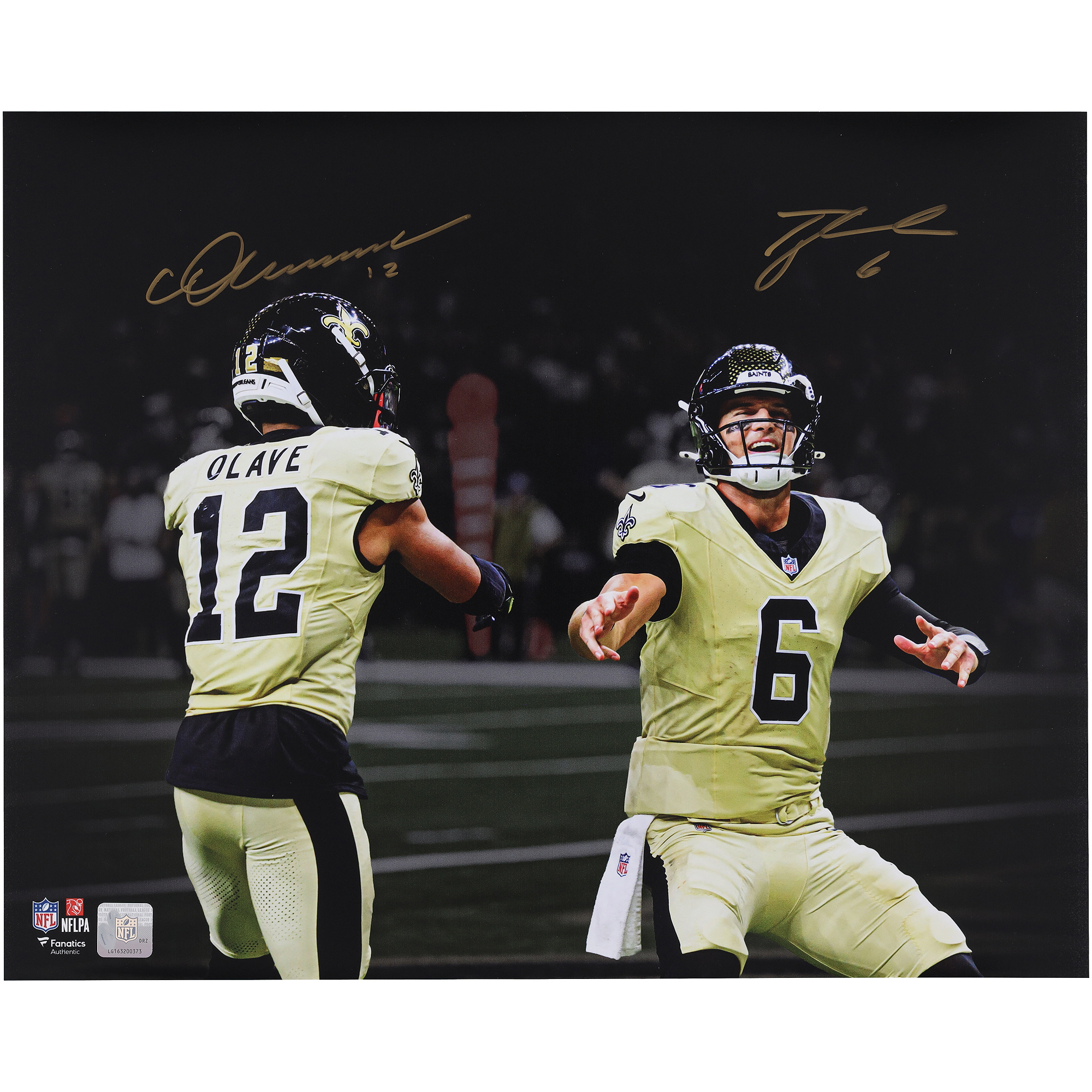 Tyler Shough & Chris Olave New Orleans Saints Autographed 16" x 20" Touchdown Celebration Spotlight Photograph