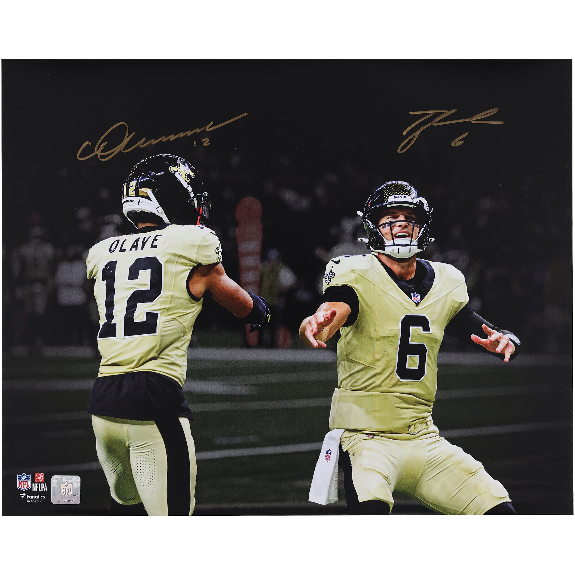 Tyler Shough & Chris Olave New Orleans Saints Autographed 16" x 20" Touchdown Celebration Spotlight Photograph