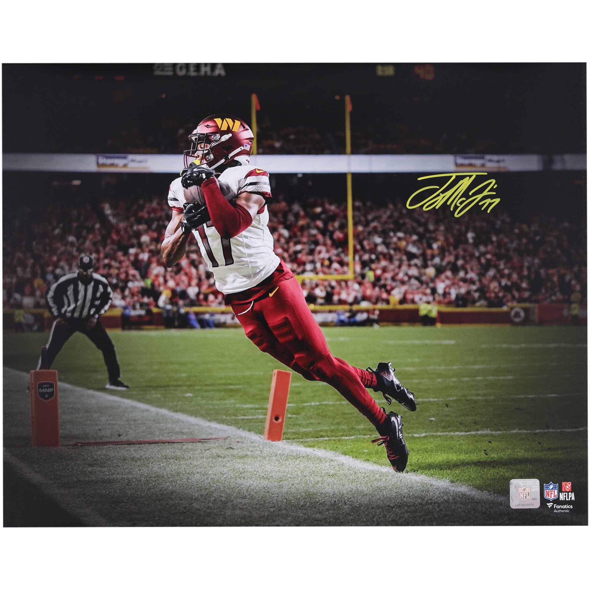 Terry McLaurin Washington Commanders Autographed 16" x 20" Toe Tap Touchdown Spotlight Photograph