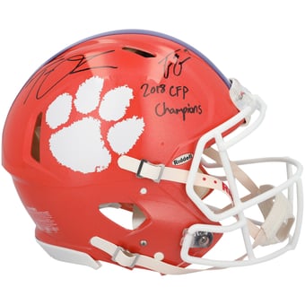 "Travis Etienne Jr. & Trevor Lawrence Clemson Tigers Autographed Riddell Speed Authentic Helmet with ""2018 CFP Champions"" Inscription"