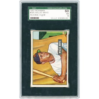 Willie Mays New York Giants 1951 Bowman #305 SGC Authenticated 5 Rookie Card
