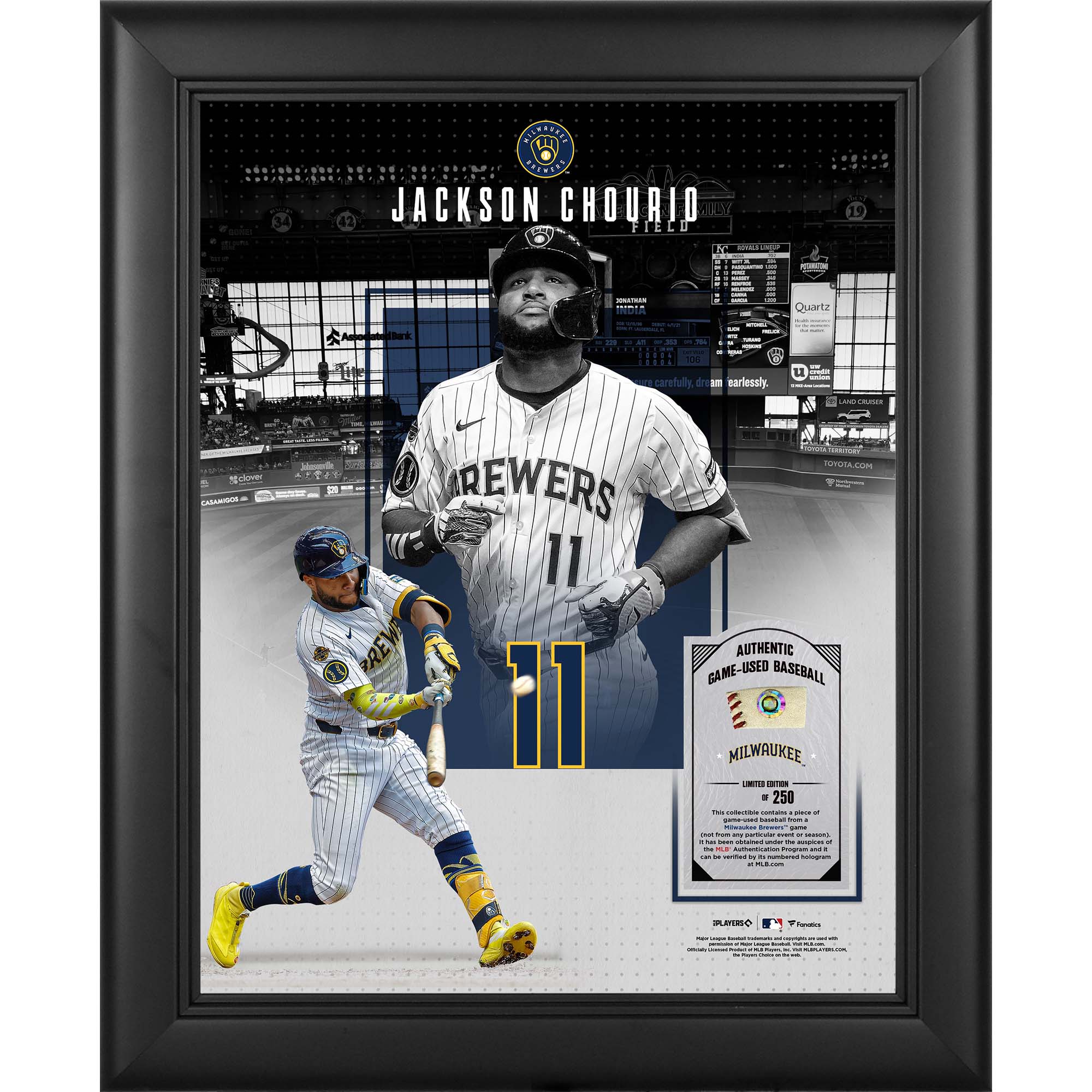 Jackson Chourio Milwaukee Brewers Framed 11" x 14" Showcase Collage with a Piece of Game-Used Ball - Limited Edition of 250