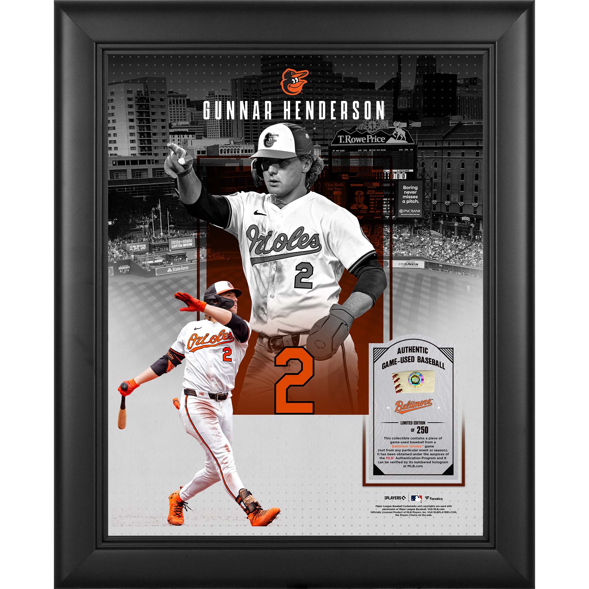 Gunnar Henderson Baltimore Orioles Framed 11" x 14" Showcase Collage with a Piece of Game-Used Ball - Limited Edition of 250