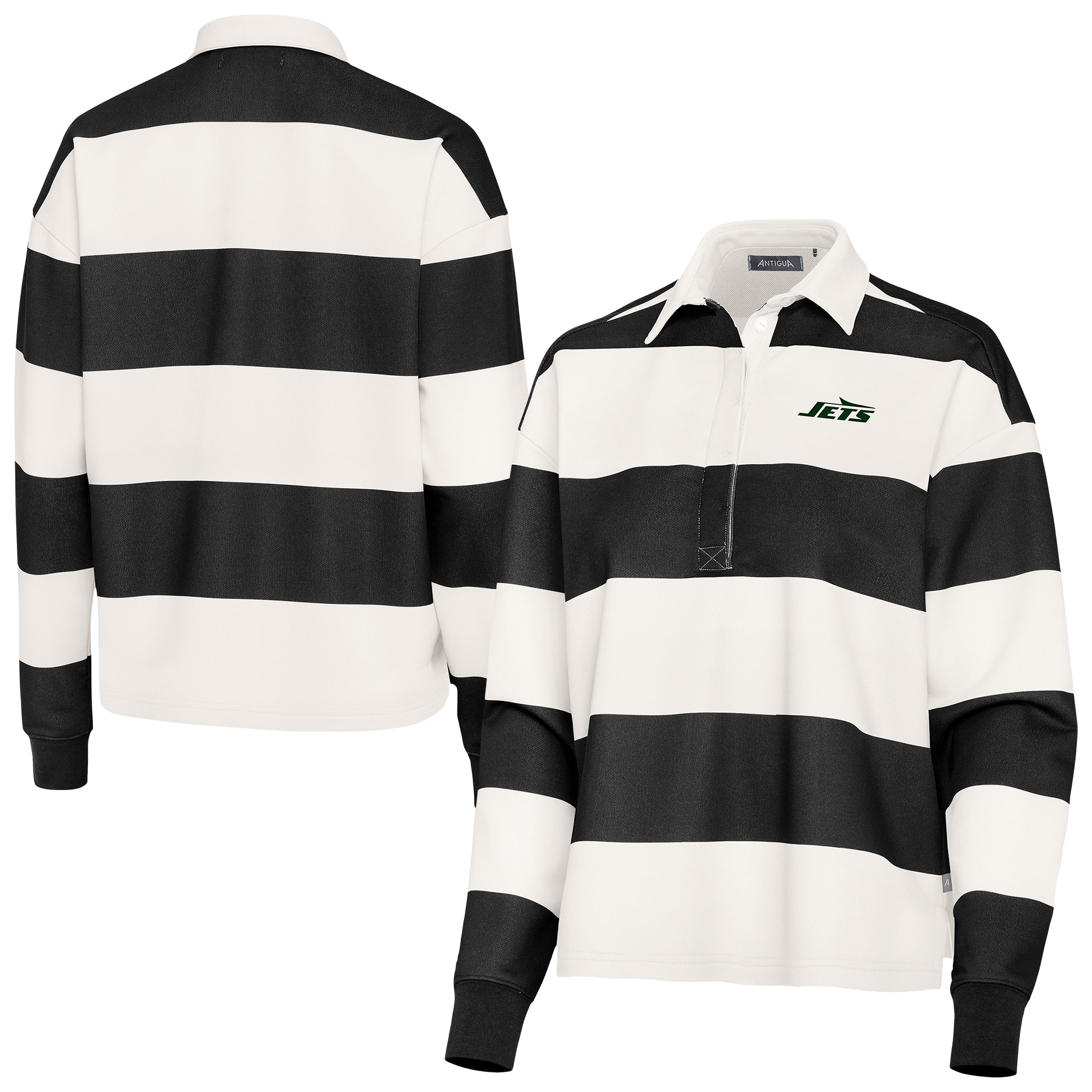 Women's Antigua Black/Cream New York Jets Banner Rugby Long Sleeve Polo