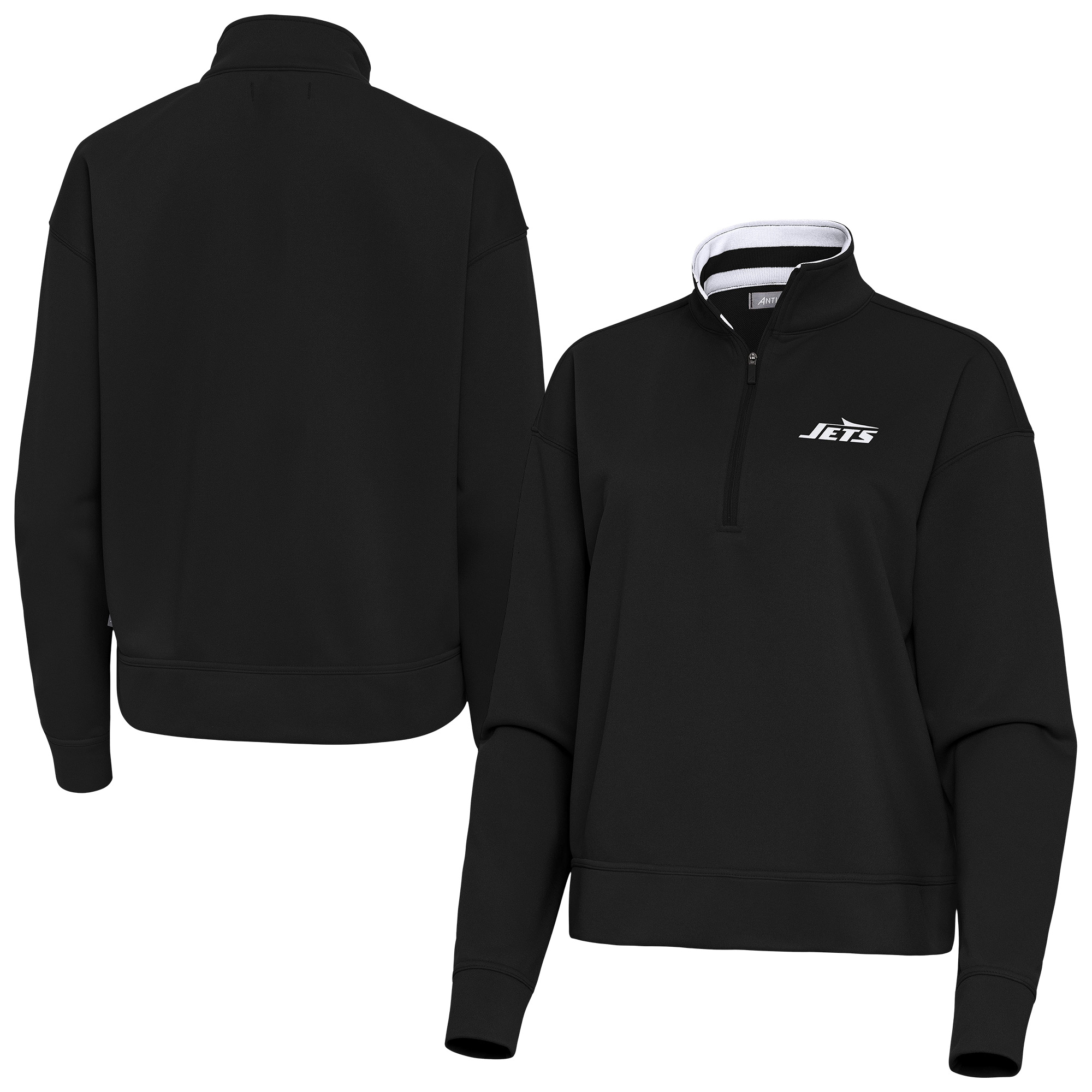 Women's Antigua Black New York Jets Goddess Quarter-Zip Pullover