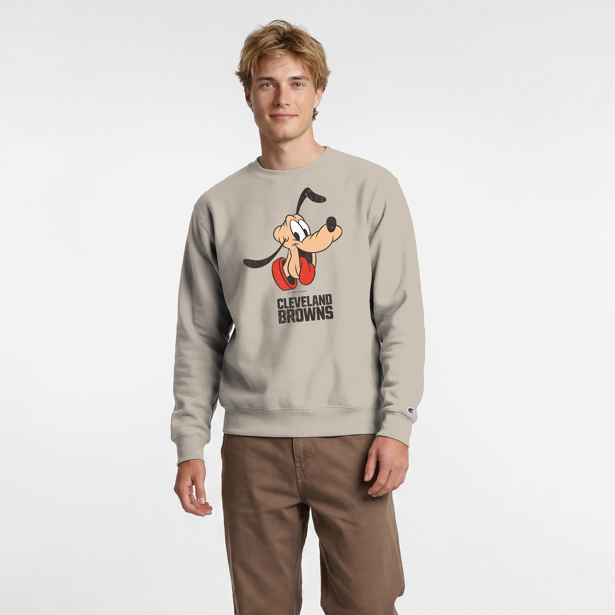 Men's Disney x Champion Oatmeal Cleveland Browns Pluto Powerblend Sweatshirt