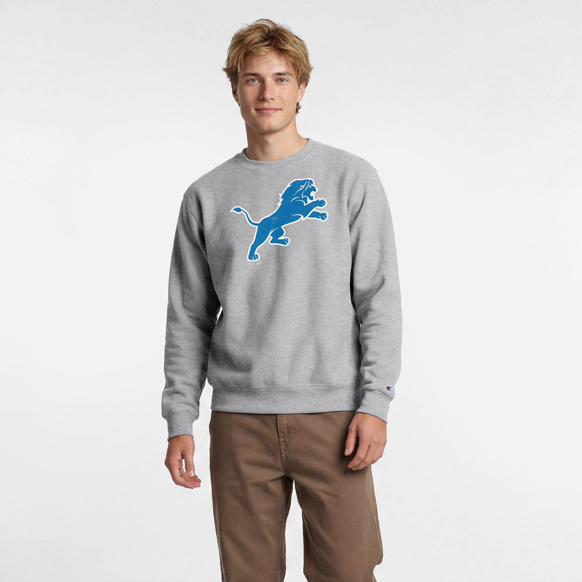 Men's Disney x Champion Heather Gray Detroit Lions Simba Powerblend Sweatshirt