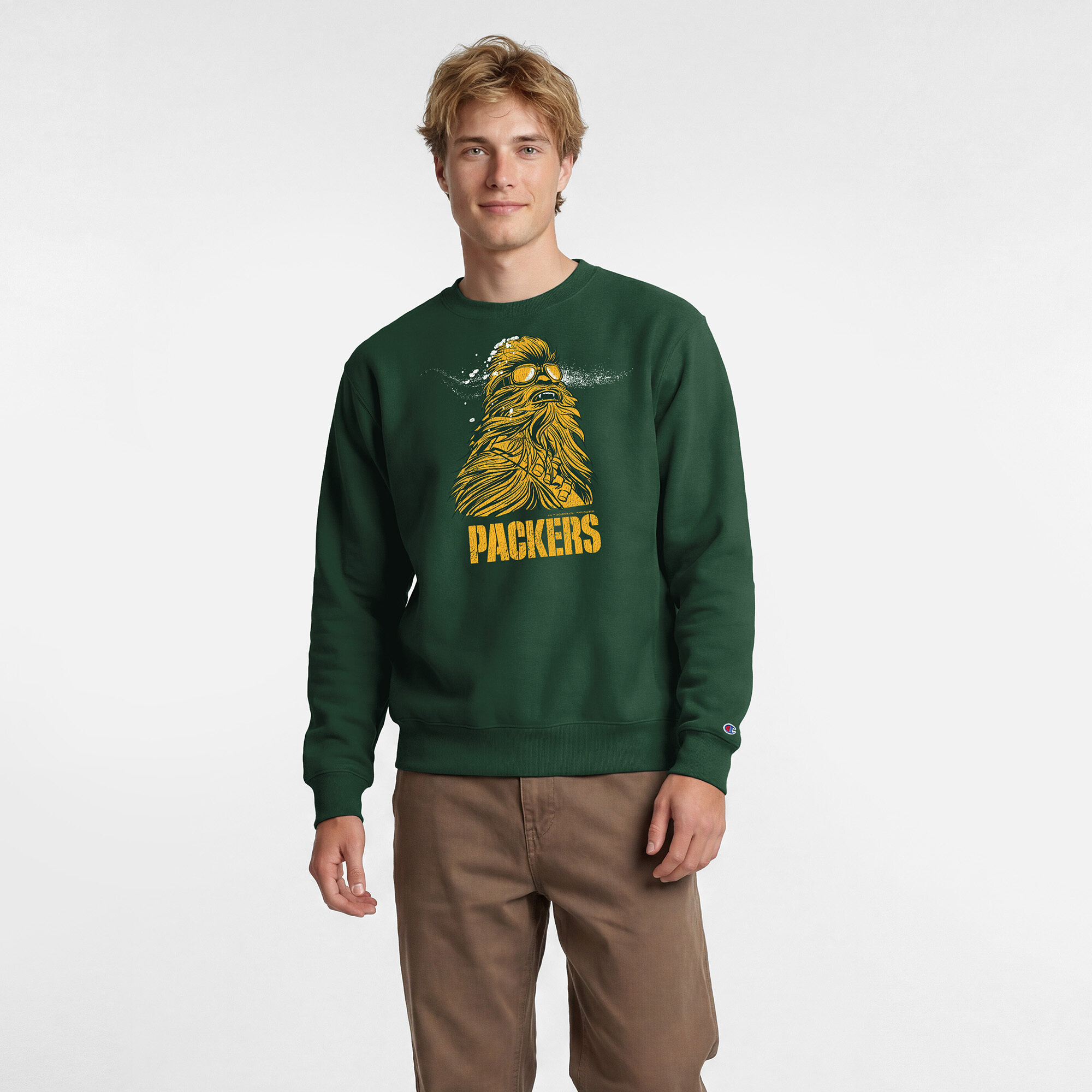 Men's Disney x Champion Green Green Bay Packers Chewbacca Powerblend Sweatshirt
