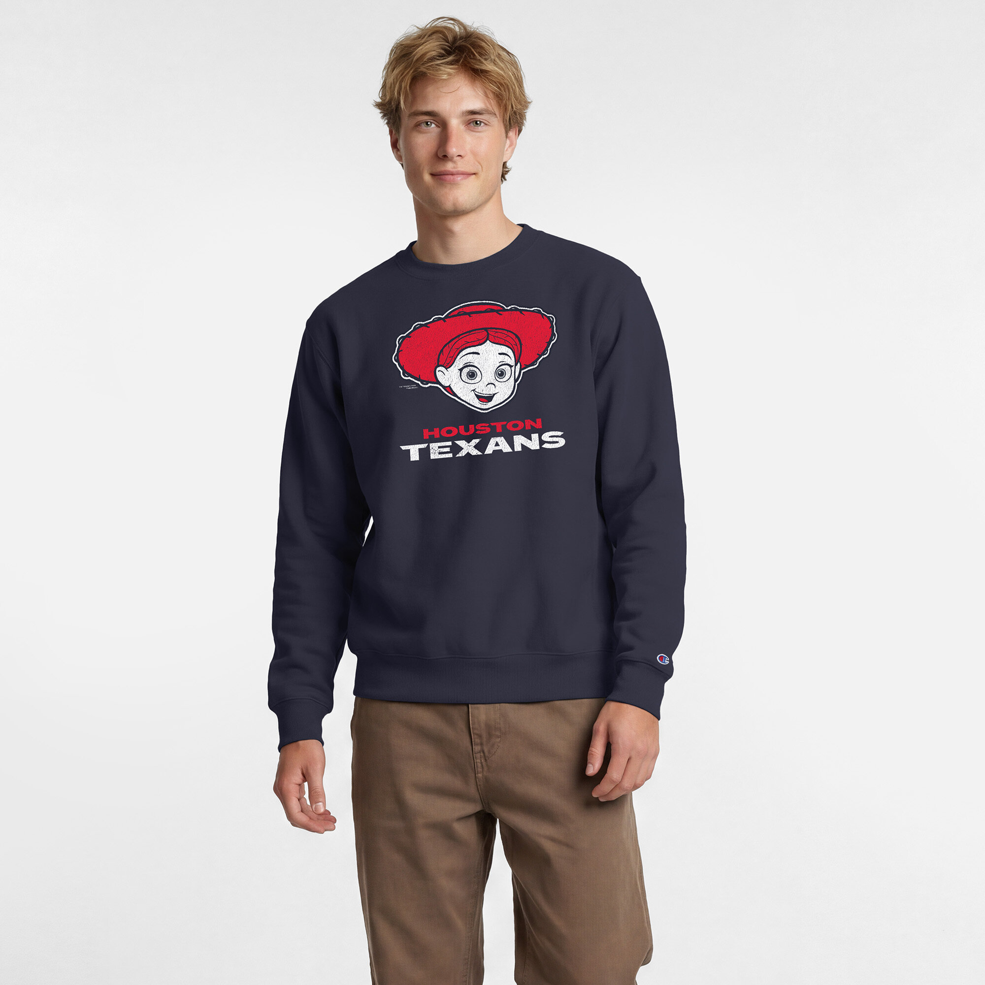 Men's Disney x Champion Navy Houston Texans Jessie Powerblend Sweatshirt