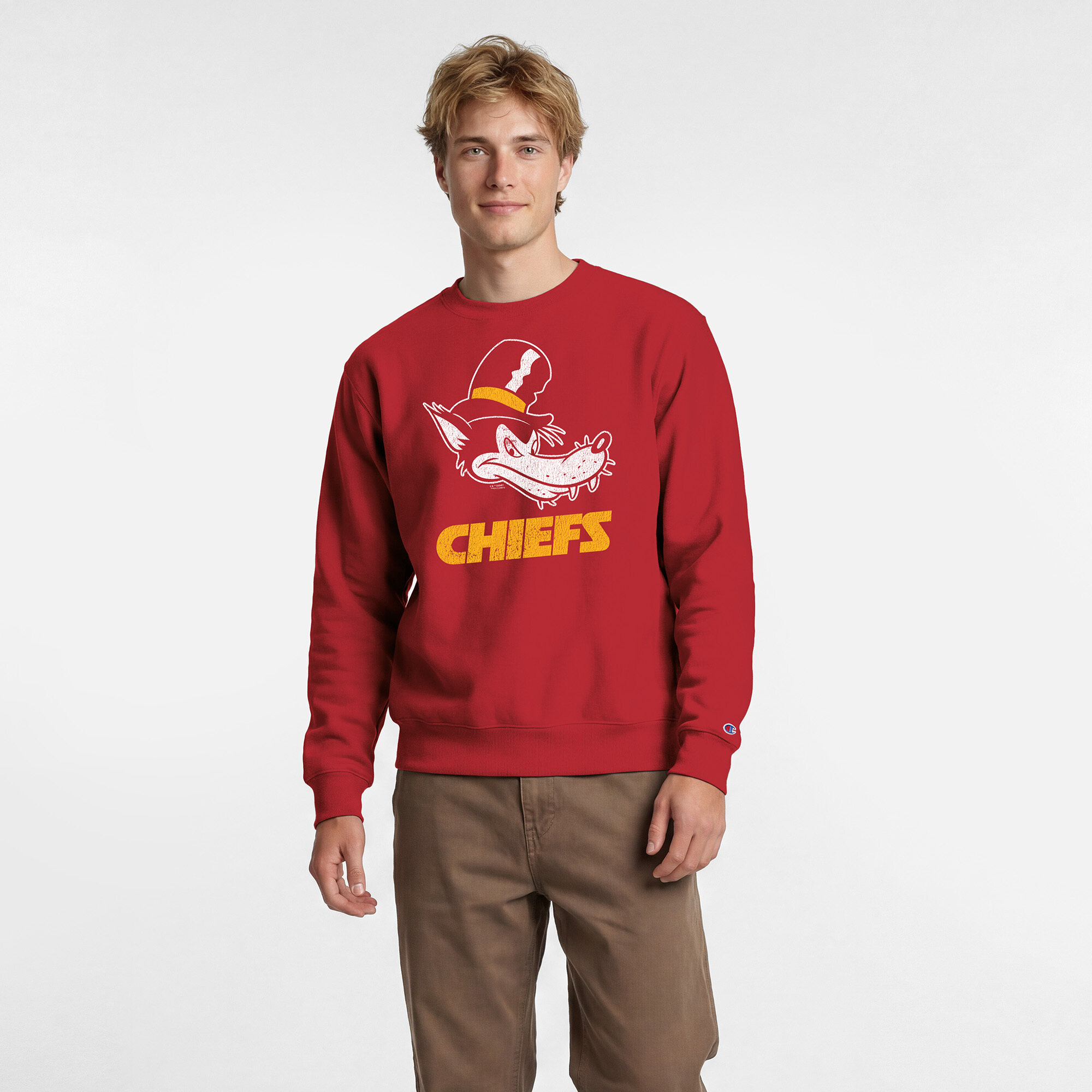 Men's Disney x Champion Red Kansas City Chiefs Big Bad Wolf Powerblend Sweatshirt