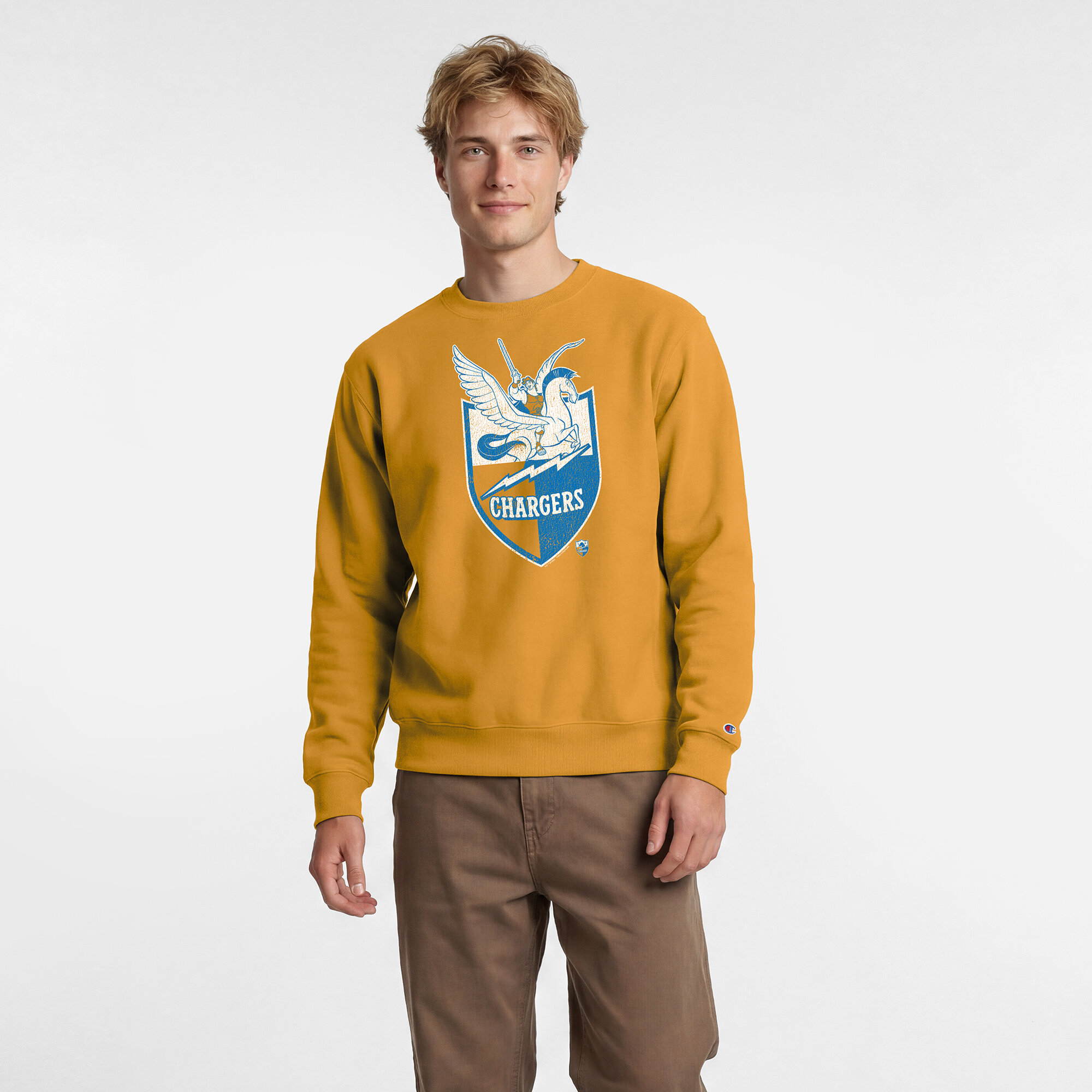Men's Disney x Champion Gold Los Angeles Chargers Hercules & Pegasus Powerblend Sweatshirt