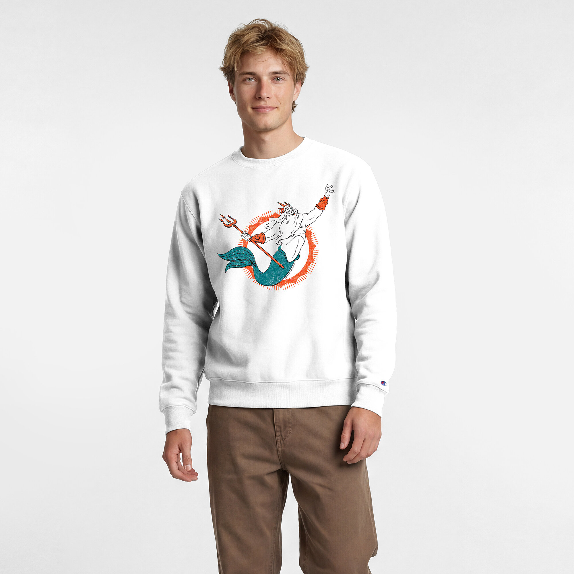 Men's Disney x Champion White Miami Dolphins King Triton Powerblend Sweatshirt