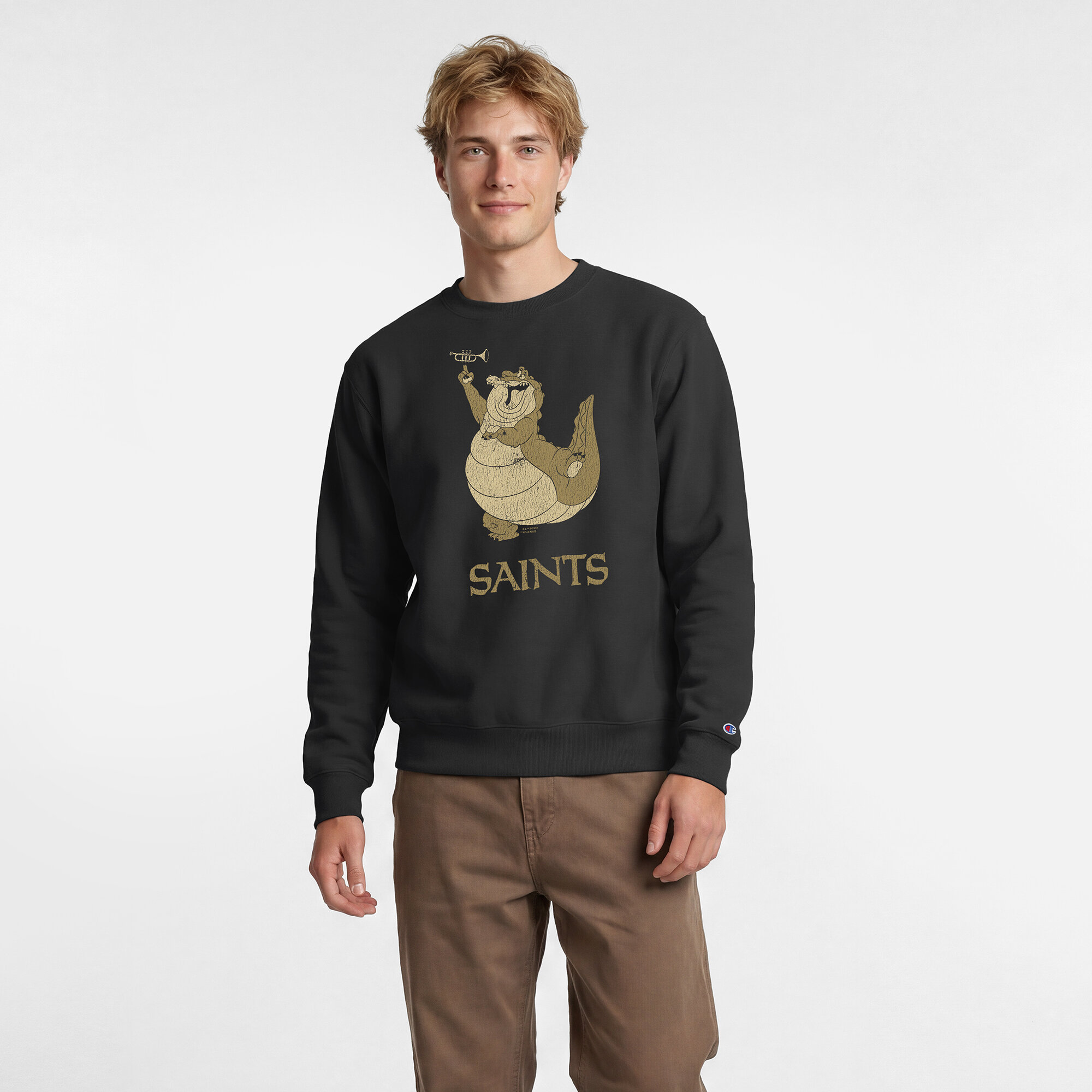 Men's Disney x Champion Black New Orleans Saints Louis Powerblend Sweatshirt