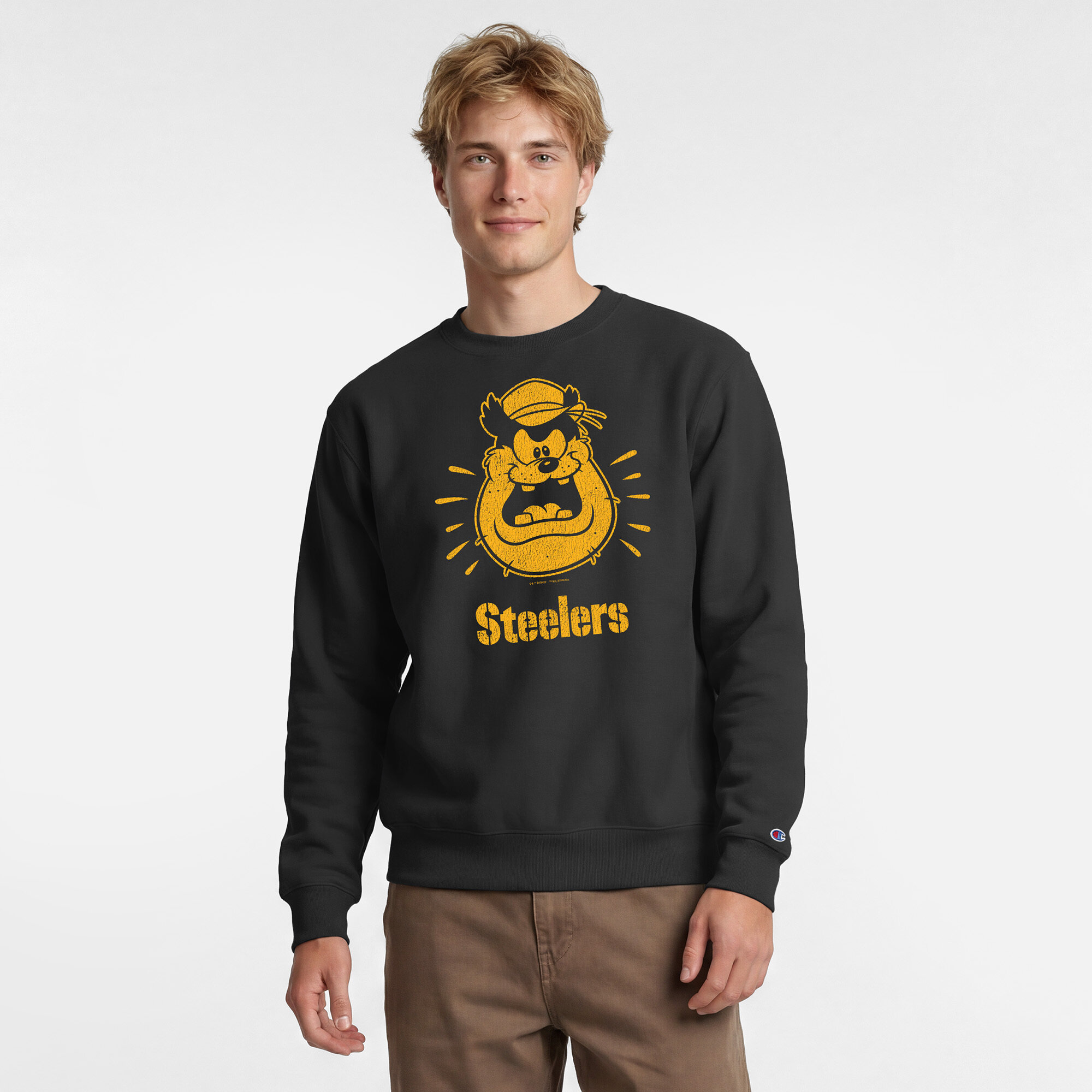 Men's Disney x Champion Black Pittsburgh Steelers Pete Powerblend Sweatshirt
