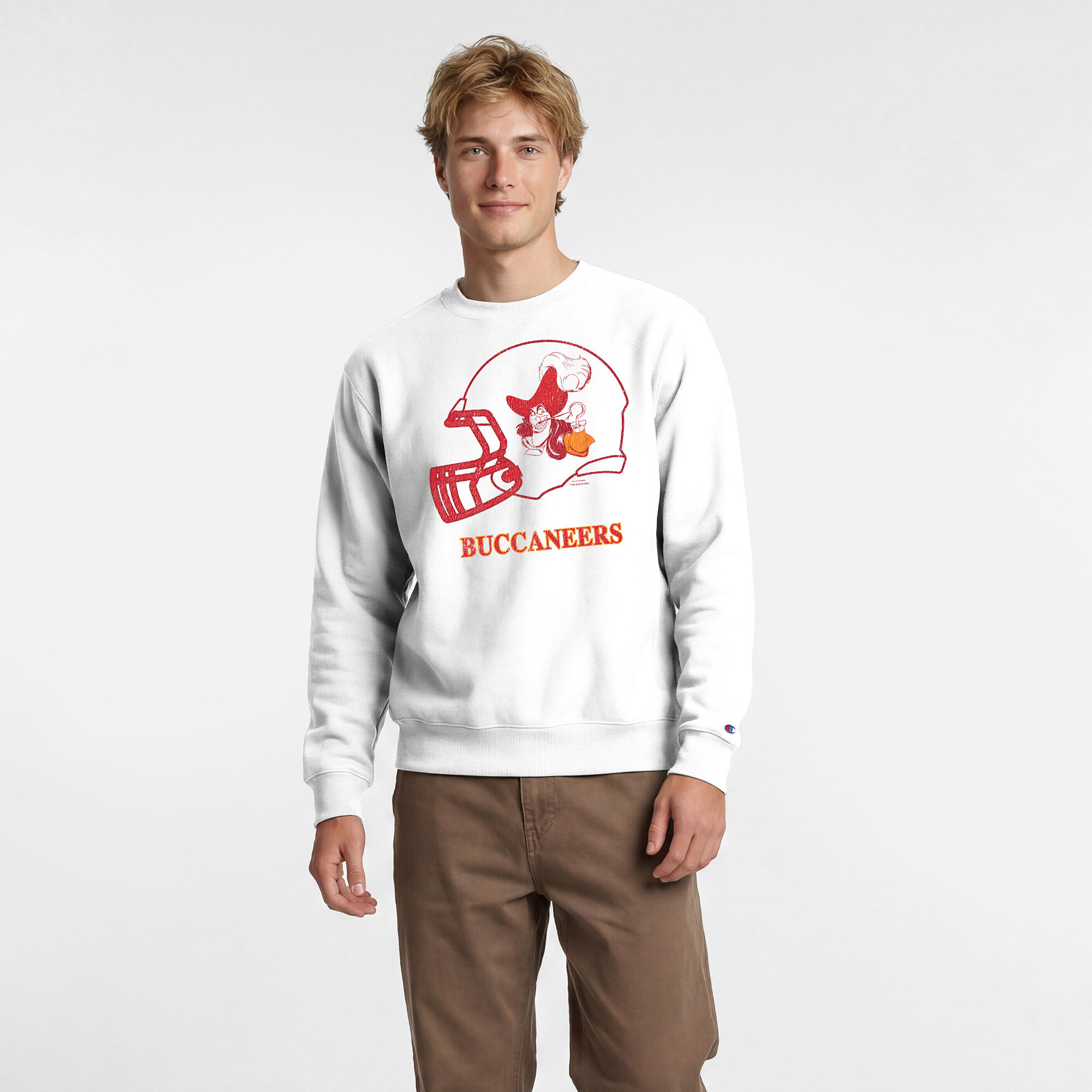 Men's Disney x Champion White Tampa Bay Buccaneers Captain Hook Powerblend Sweatshirt