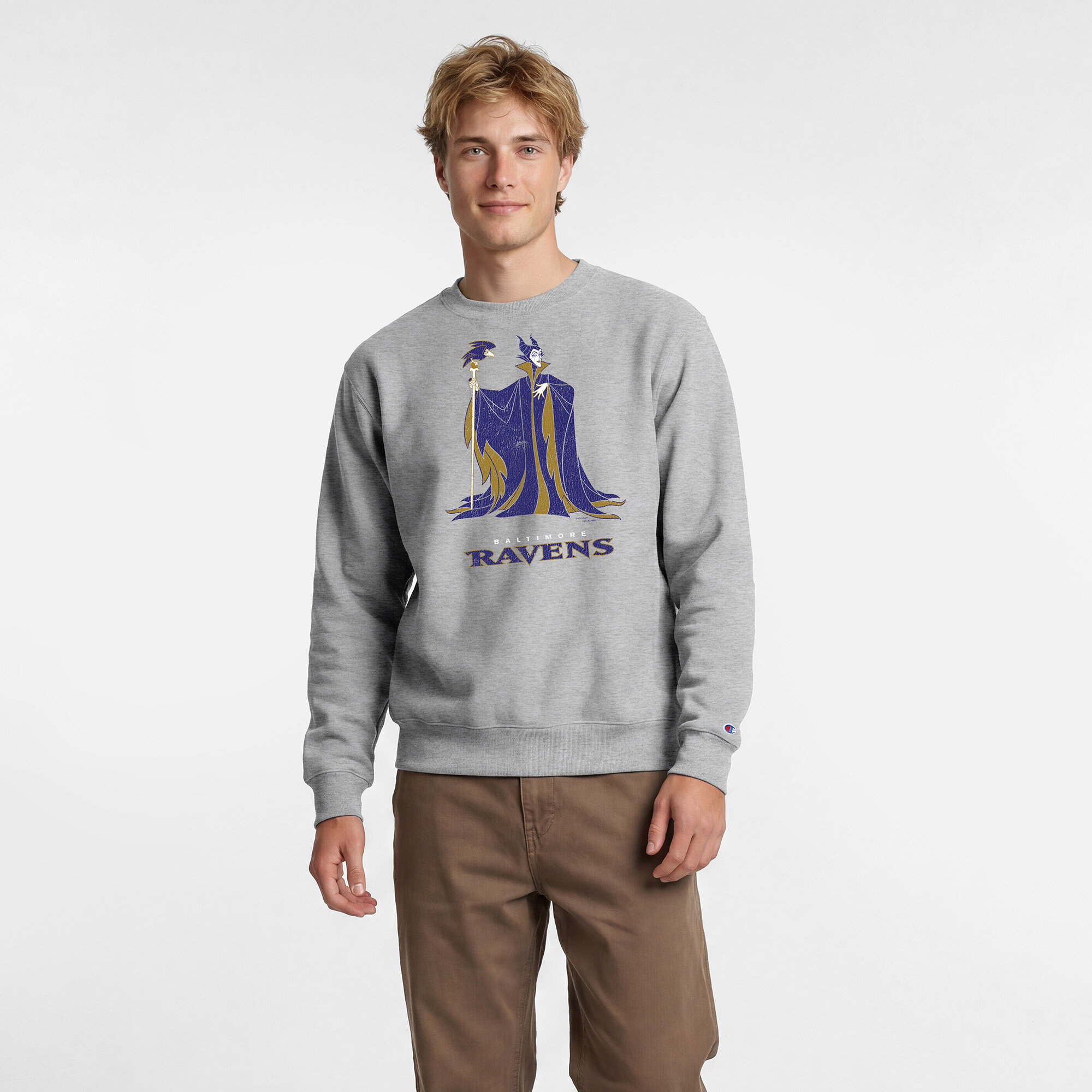 Men's Disney x Champion Heather Gray Baltimore Ravens Maleficent & Diablo Powerblend Sweatshirt