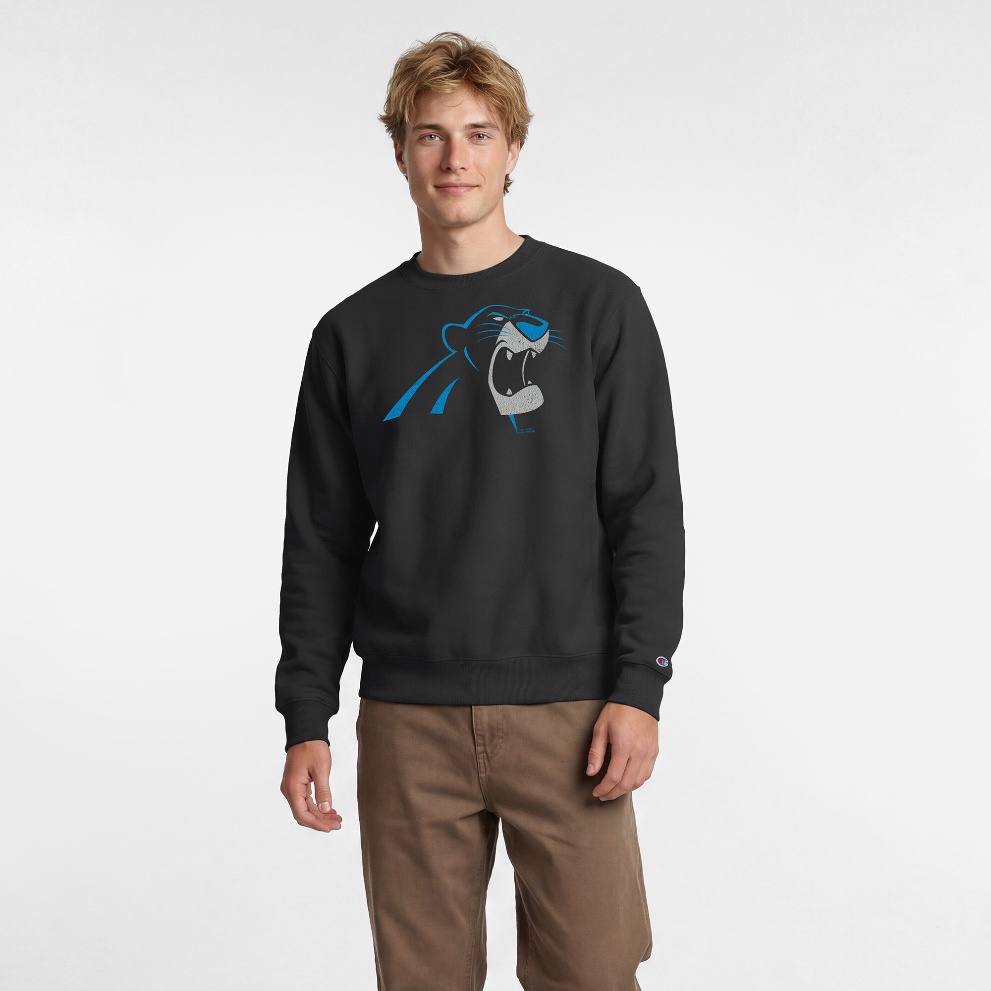 Men's Disney x Champion Black Carolina Panthers Bagheera Powerblend Sweatshirt