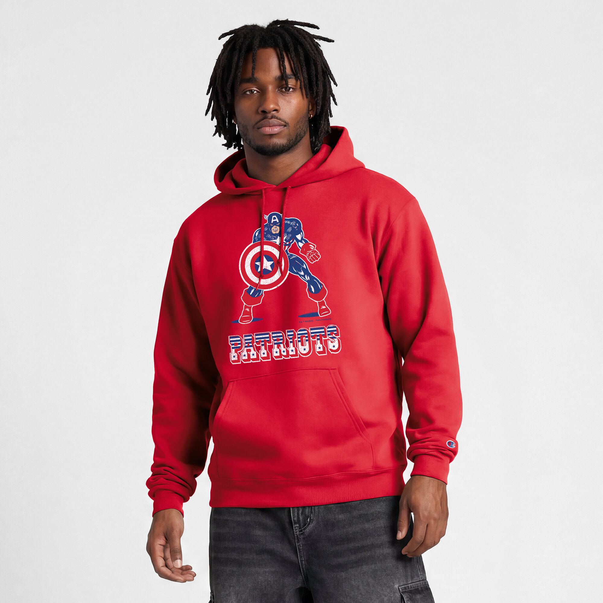 Men's Disney x Champion Red New England Patriots Powerblend Full Front Sweatshirt