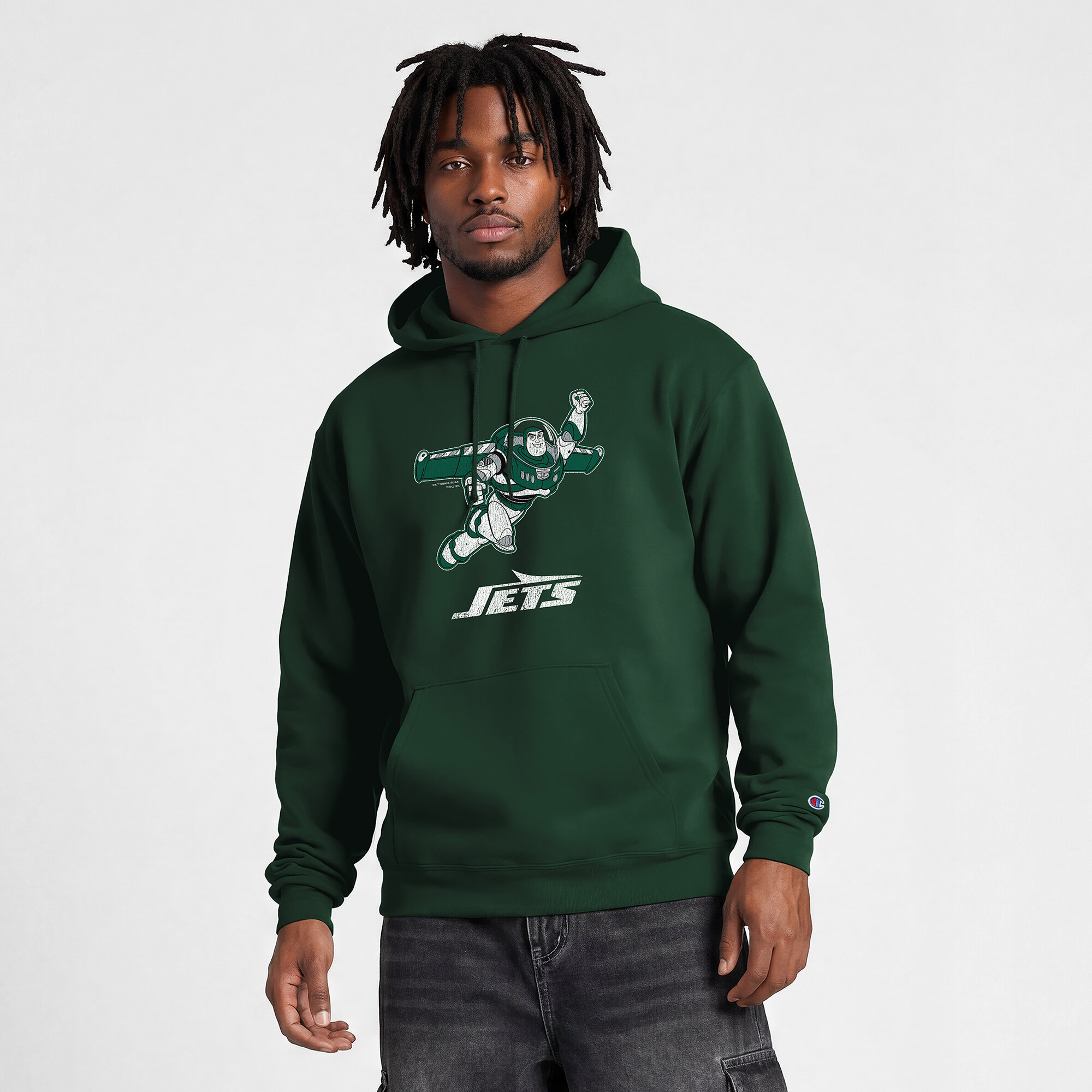 Men's Disney x Champion Green New York Jets Powerblend Full Front Sweatshirt