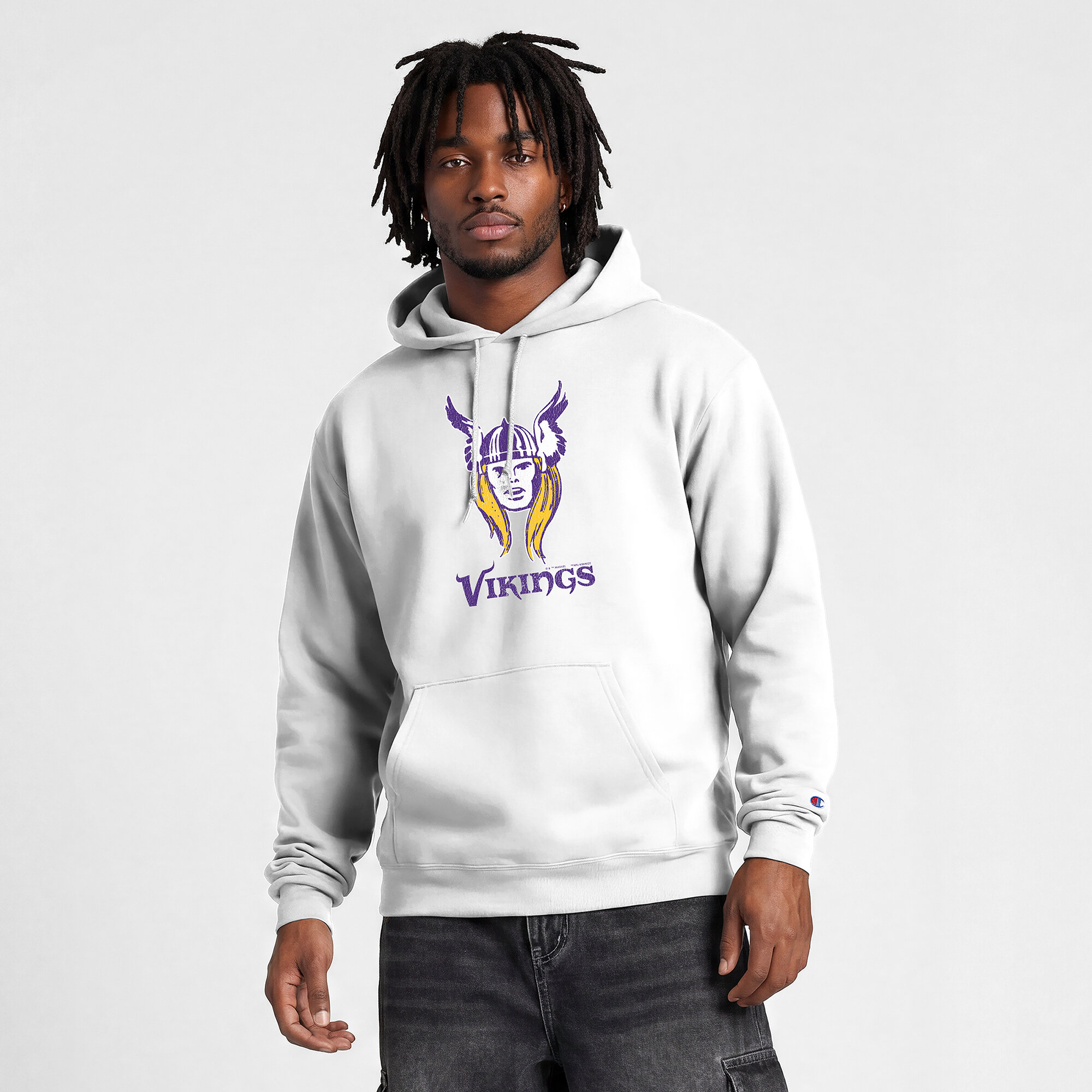 Men's Disney x Champion  White Minnesota Vikings Powerblend Full Front Sweatshirt