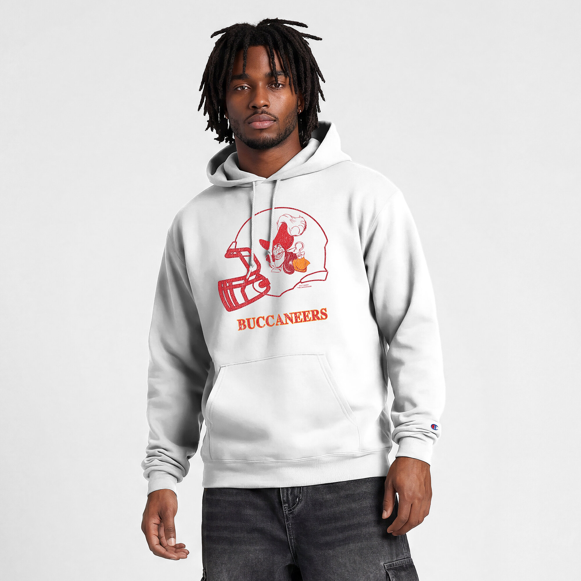 Men's Disney x Champion White Tampa Bay Buccaneers Powerblend Full Front Sweatshirt