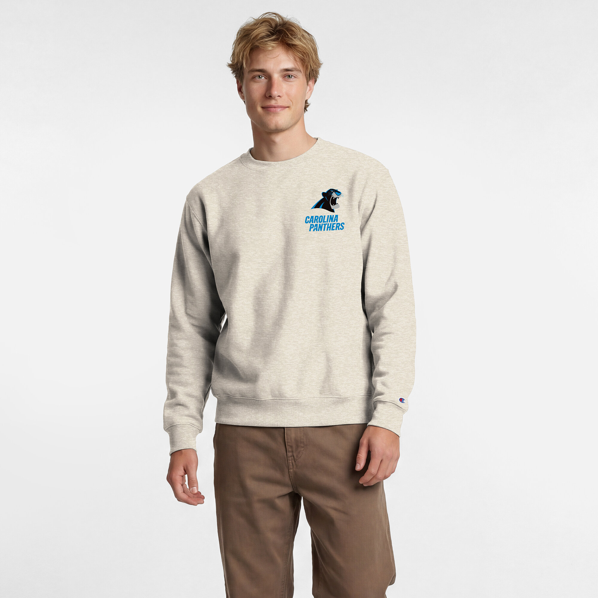 Men's Disney x Champion Oatmeal Carolina Panthers Powerblend Left Chest Fullback Crew Sweatshirt