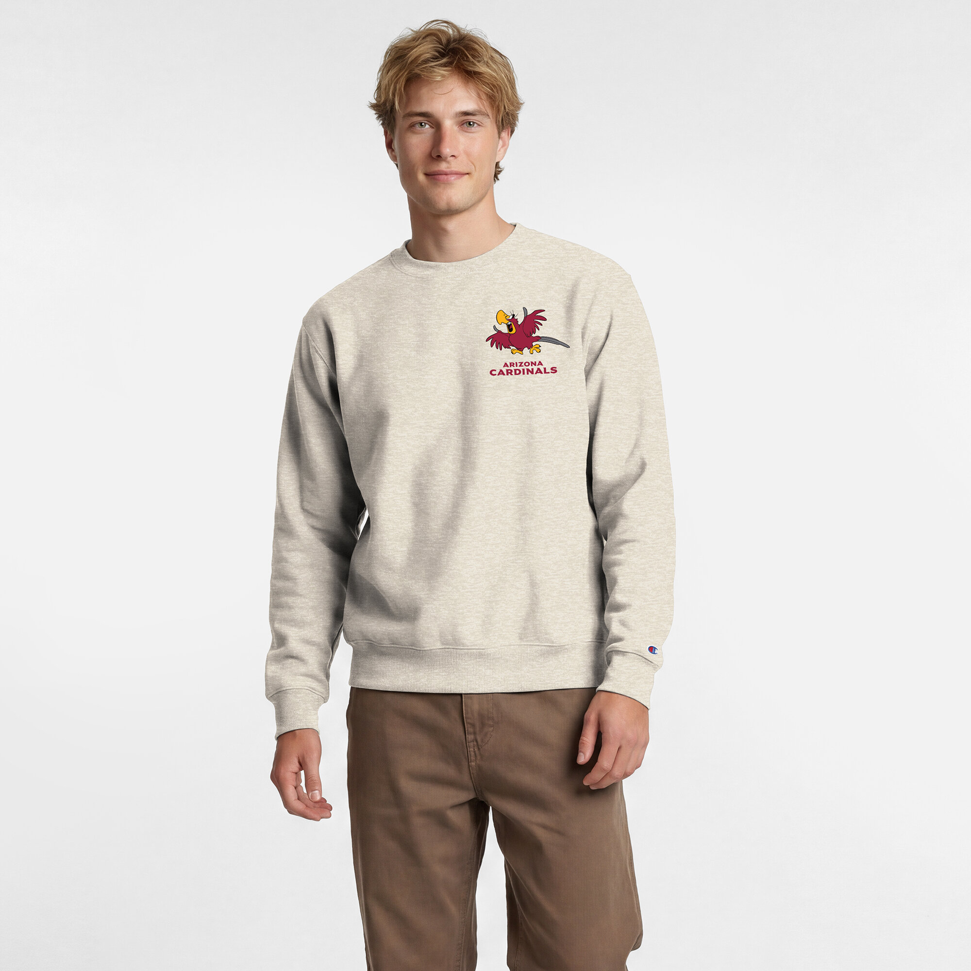 Men's Disney x Champion Oatmeal Arizona Cardinals Powerblend Left Chest Fullback Crew Sweatshirt