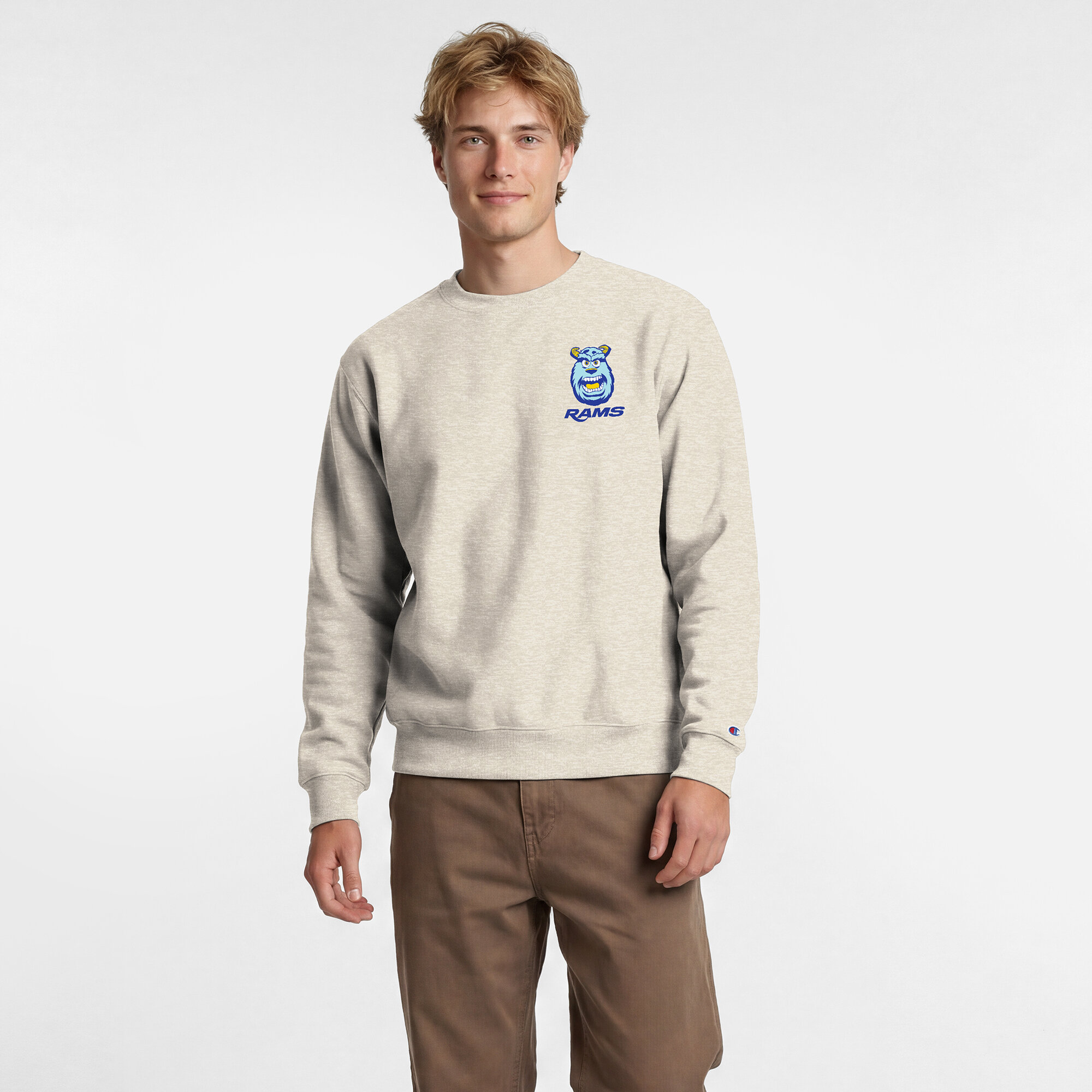 Men's Disney x Champion Oatmeal Los Angeles Rams Powerblend Left Chest Fullback Crew Sweatshirt
