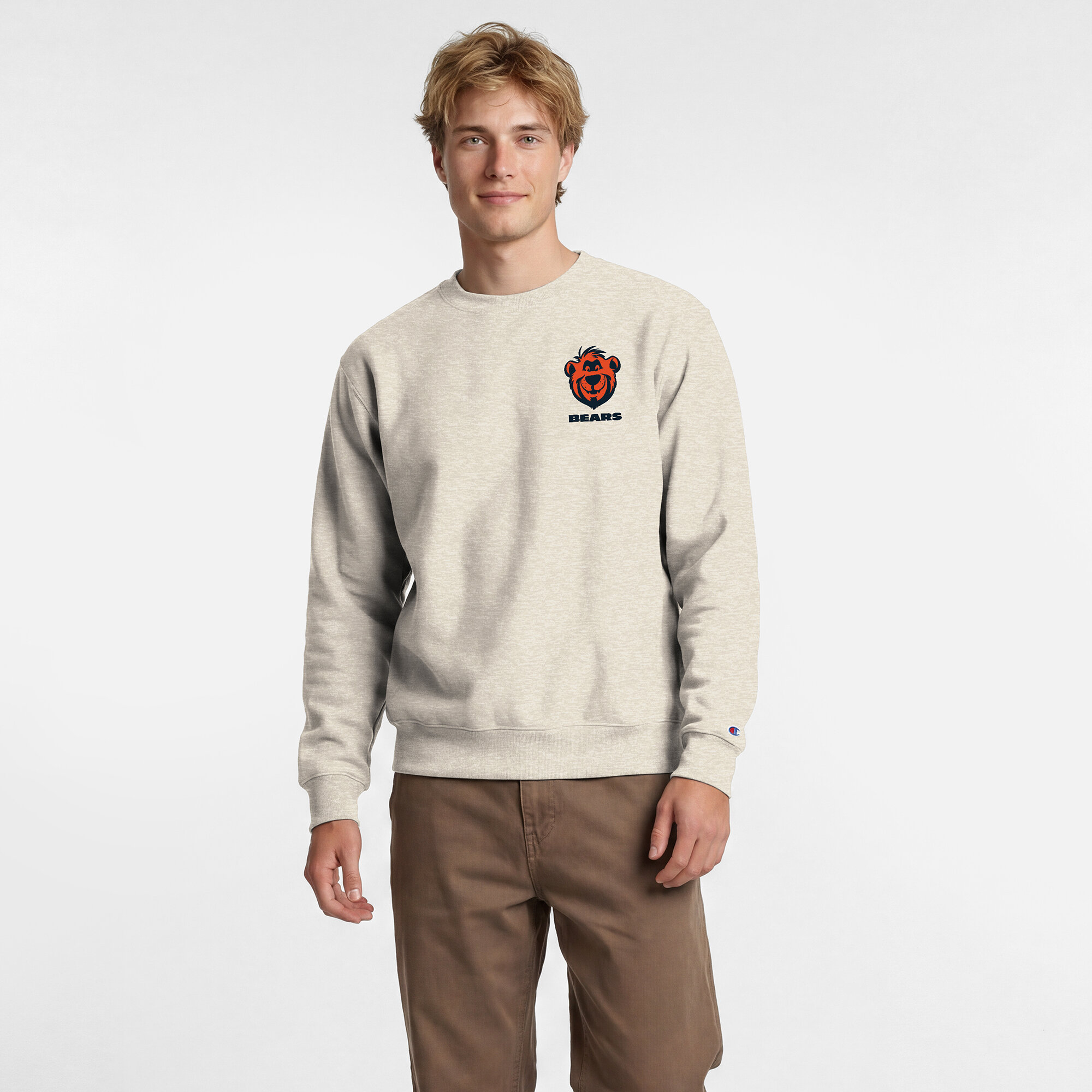 Men's Disney x Champion  Oatmeal Chicago Bears Powerblend Left Chest Fullback Crew Sweatshirt