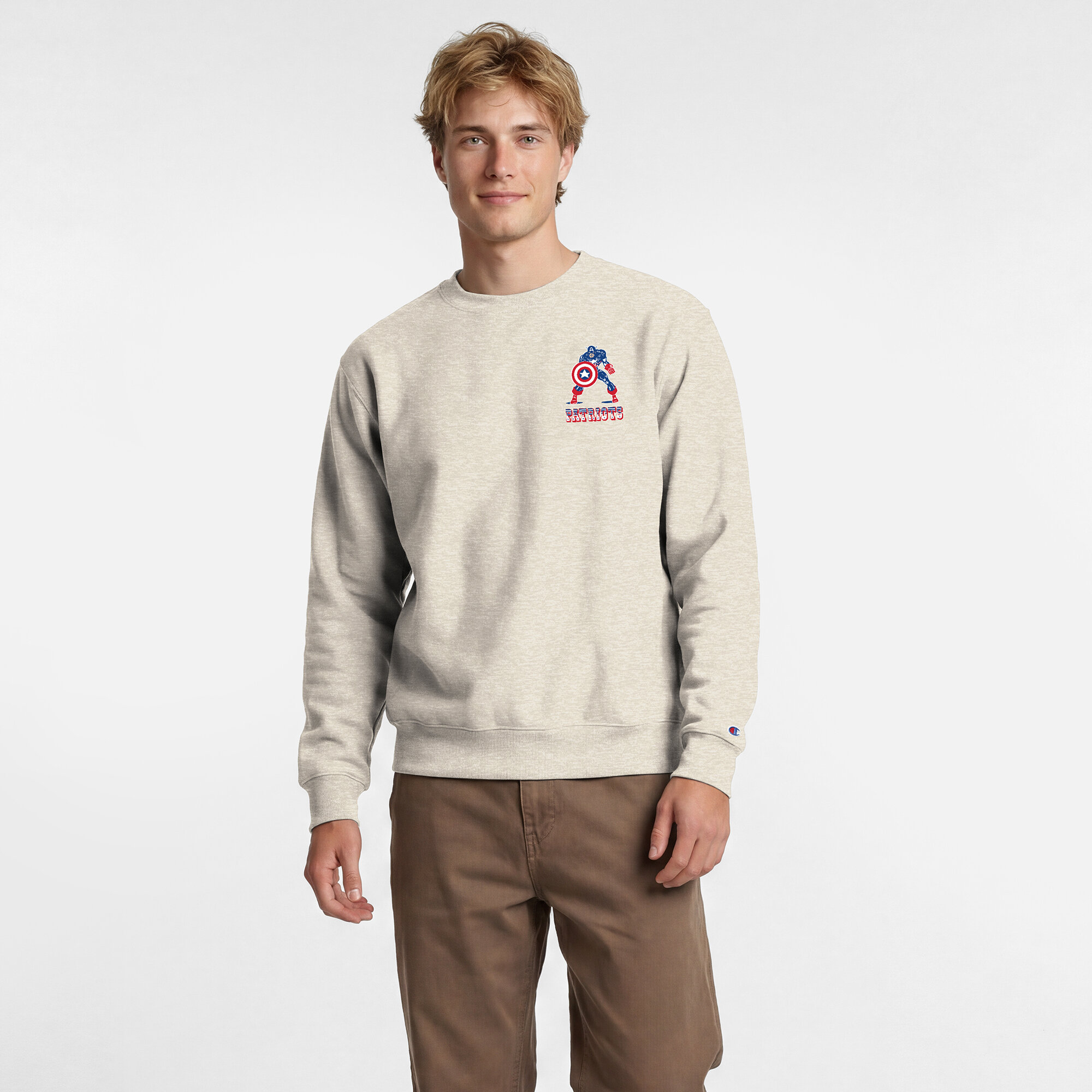 Men's Disney x Champion Oatmeal New England Patriots Powerblend Left Chest Fullback Crew Sweatshirt