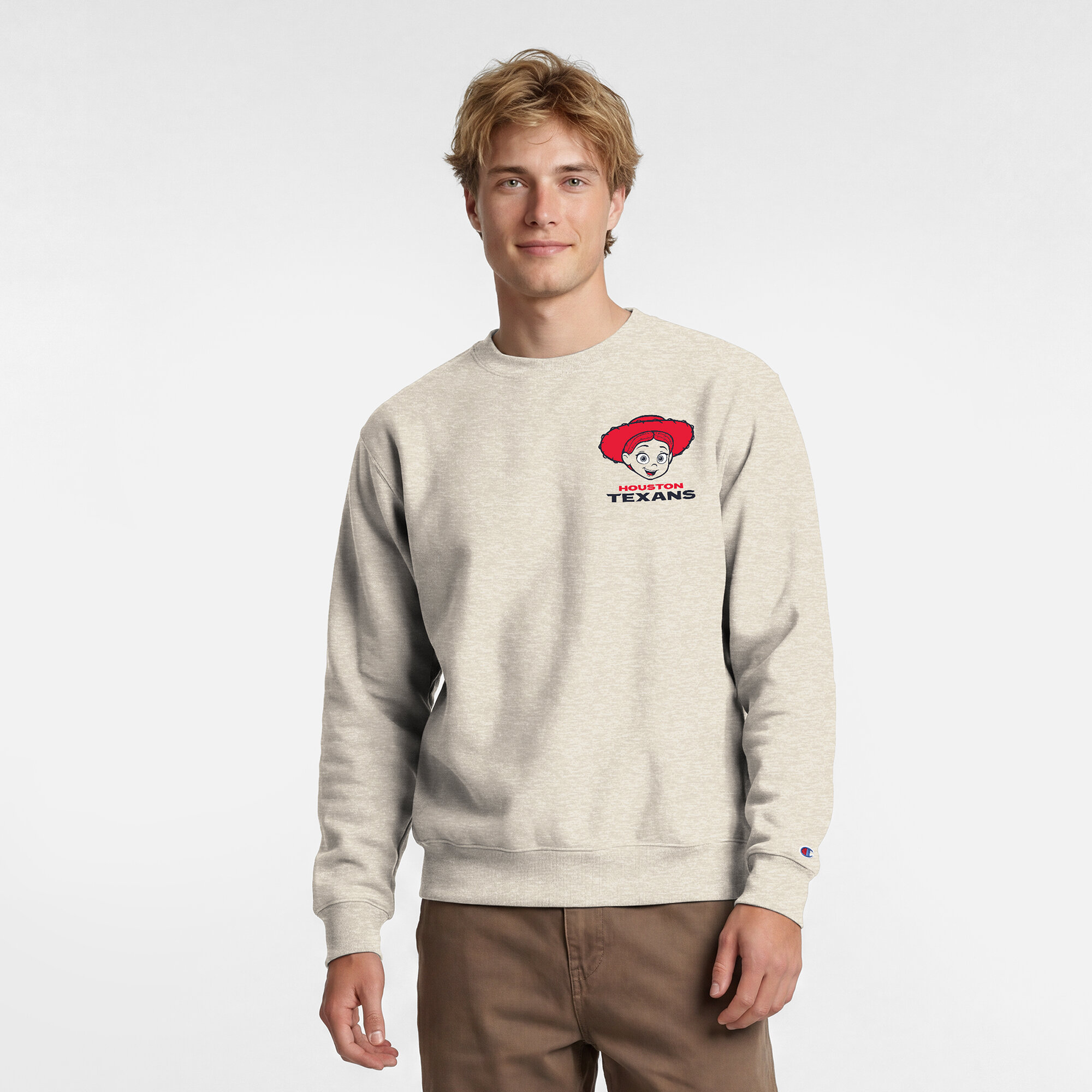 Men's Disney x Champion  Oatmeal Houston Texans Powerblend Left Chest Fullback Crew Sweatshirt