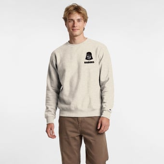 Men's Disney x Champion  Oatmeal Las Vegas Raiders Powerblend Left Chest Fullback Crew Sweatshirt