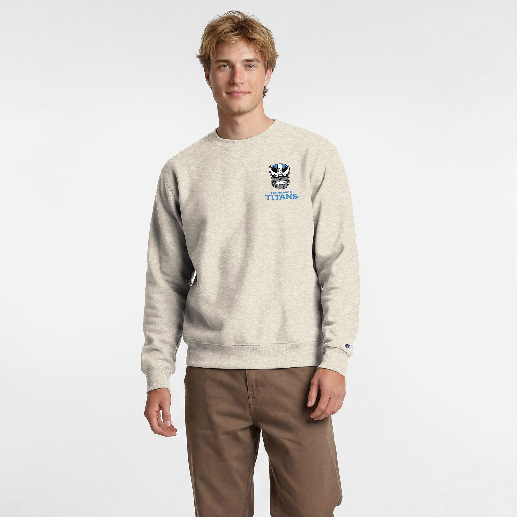 Men's Disney x Champion Oatmeal Tennessee Titans Powerblend Left Chest Fullback Crew Sweatshirt