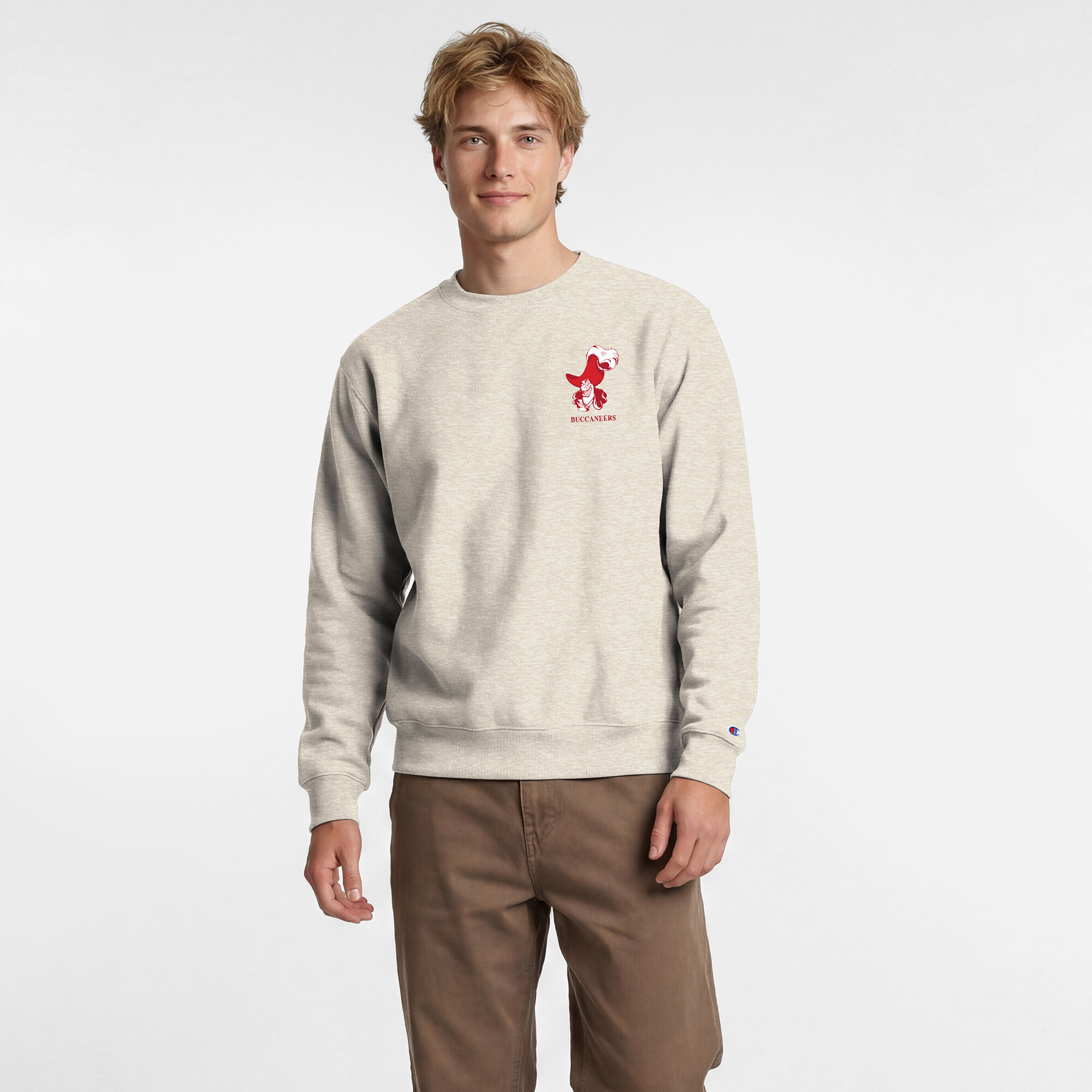 Men's Disney x Champion Oatmeal Tampa Bay Buccaneers Powerblend Left Chest Fullback Crew Sweatshirt
