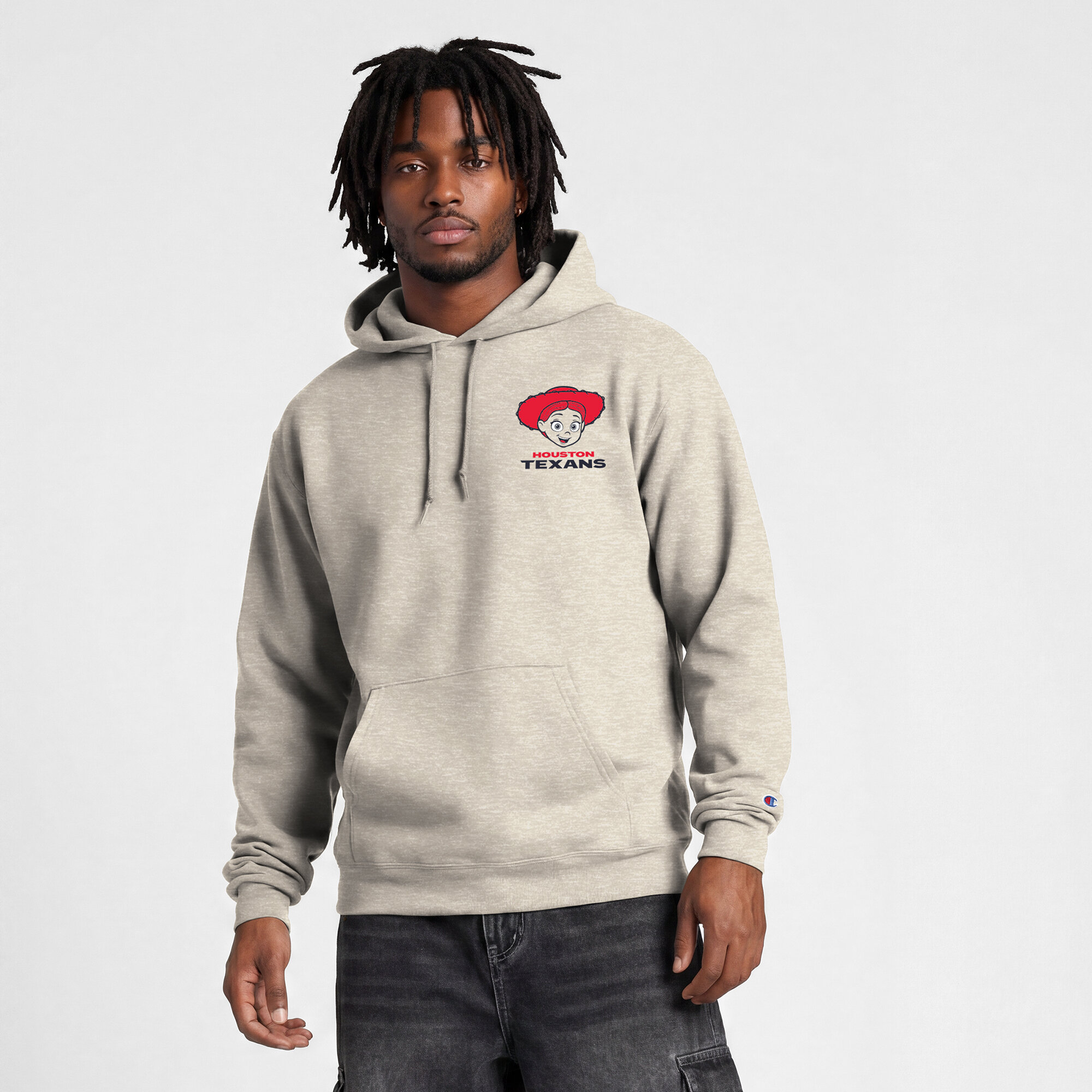 Men's Disney x Champion  Oatmeal Houston Texans Powerblend Fullback Hoodie