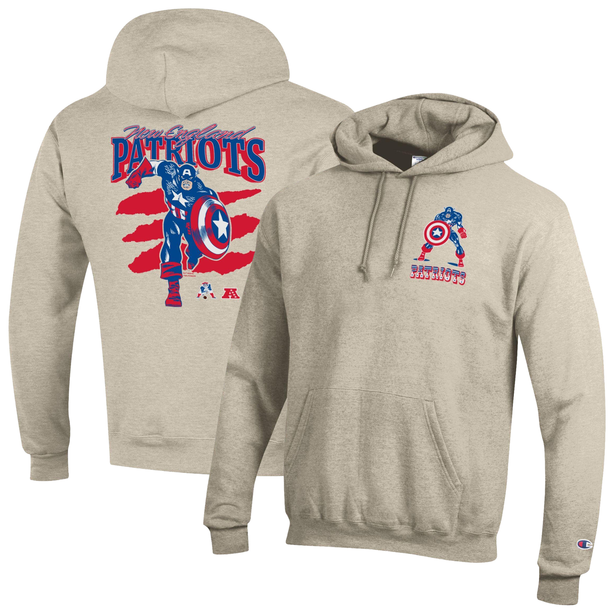 Men's Disney x Champion Oatmeal New England Patriots Powerblend Fullback Hoodie