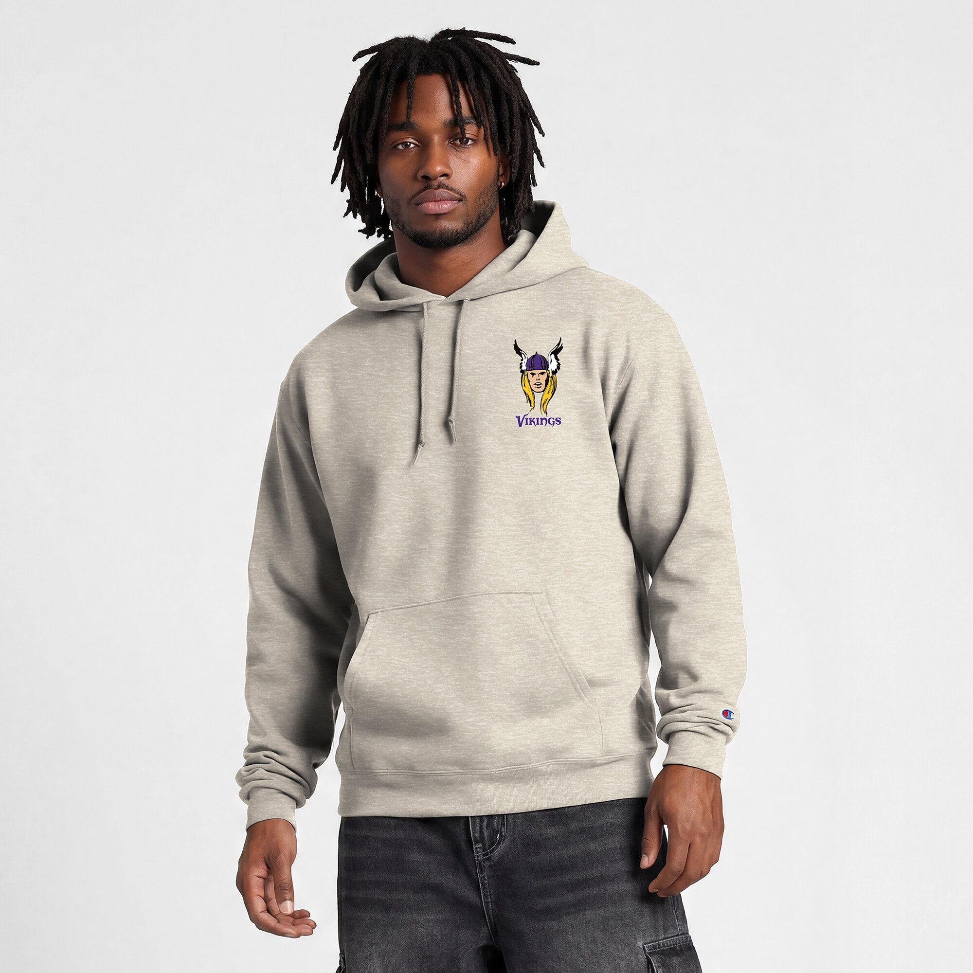 Men's Disney x Champion Oatmeal Minnesota Vikings Powerblend Fullback Hoodie