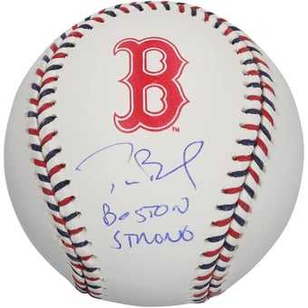 "Tom Brady Boston Red Sox Autographed Team Color Laces Baseball with ""Boston Strong"" Inscription - Limited Edition #1/10"